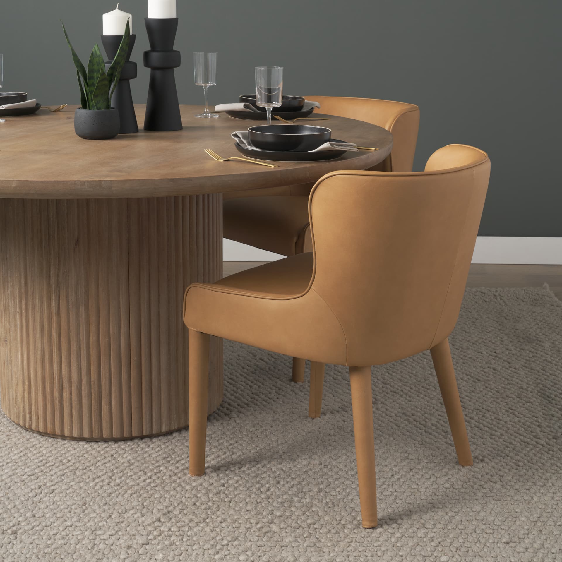 Nolan Wingback Dining Side Chair | Tan Leather w/ Tapered Wood — product photograph