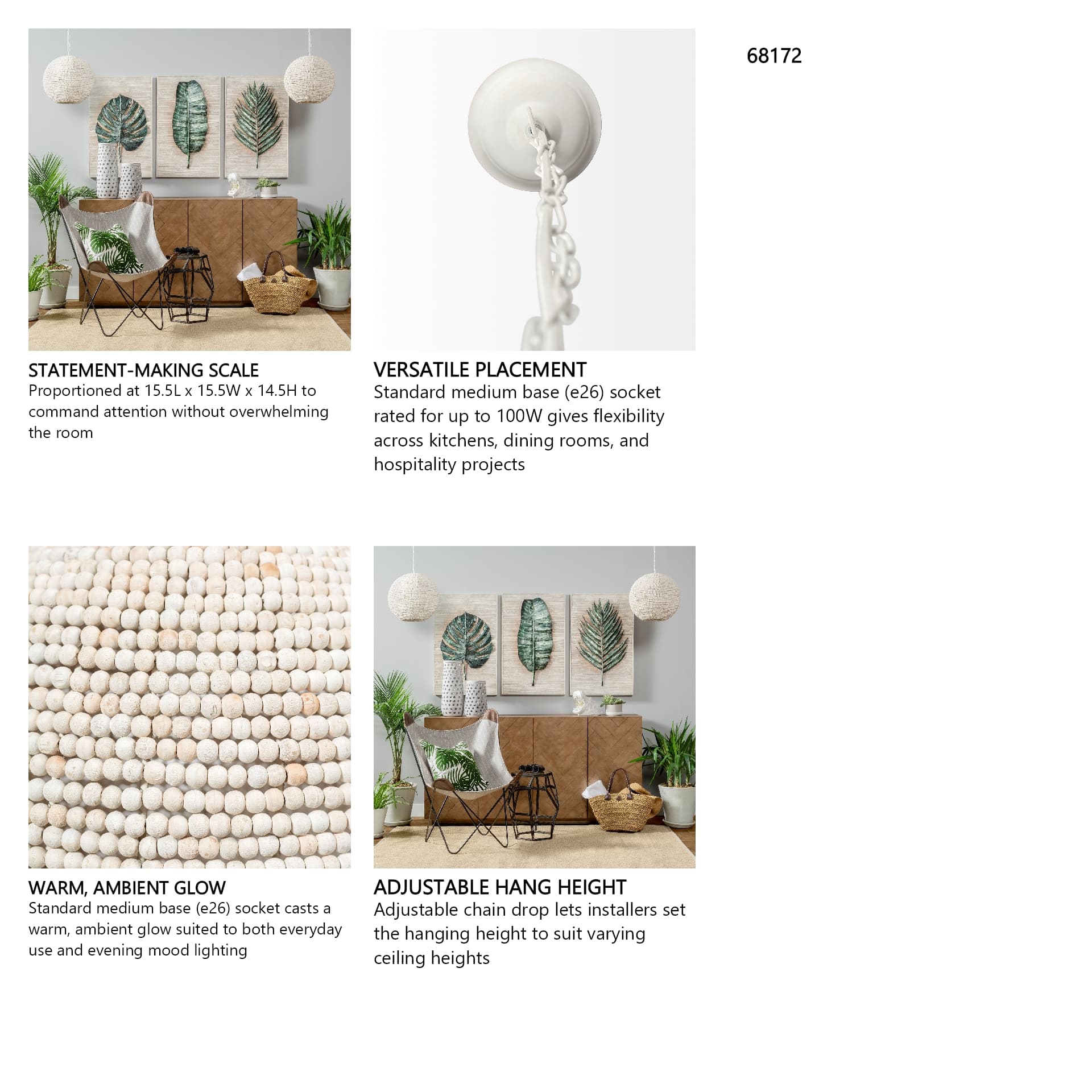 Theta 15.5x14.5 White-Washed Wood Beaded Pendant Light — in a styled room
