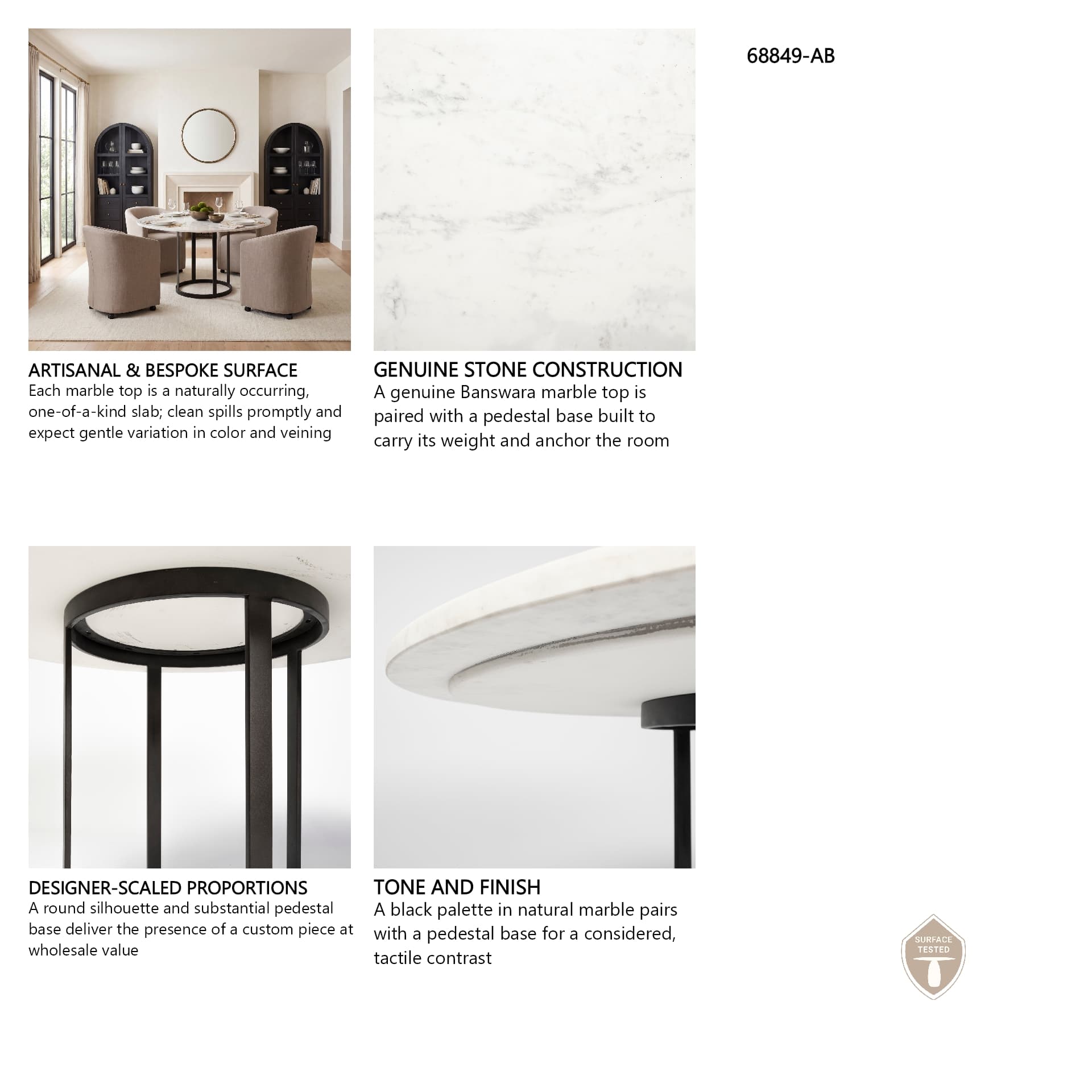 Tanner 48" Round Pedestal Dining Table | Modern | White Marble & Black Metal | Seats 4 — product photograph