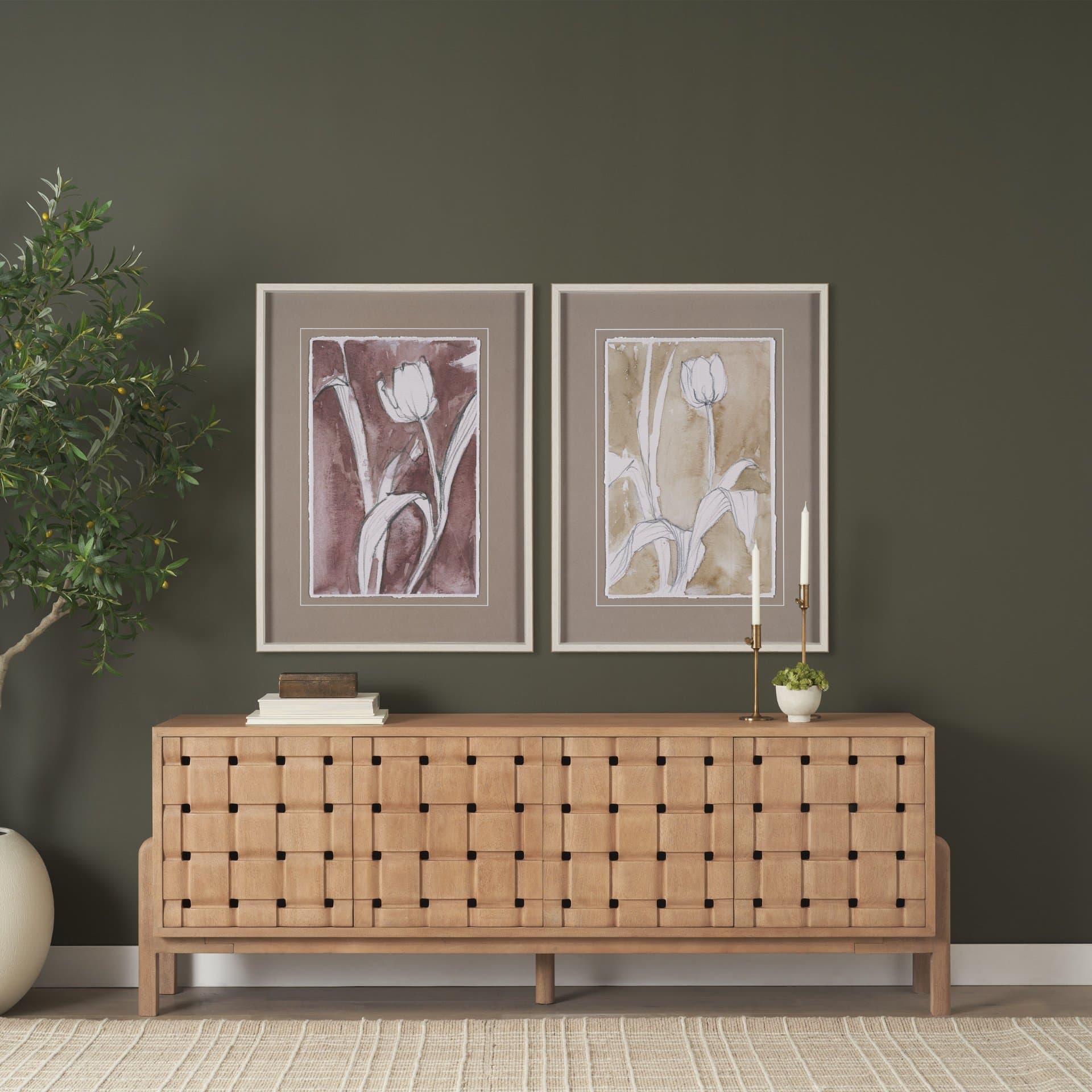 Tulip Bloom I by Mercana Studio Hand-Embellished Framed Artwork Matted under Glass — in a styled room