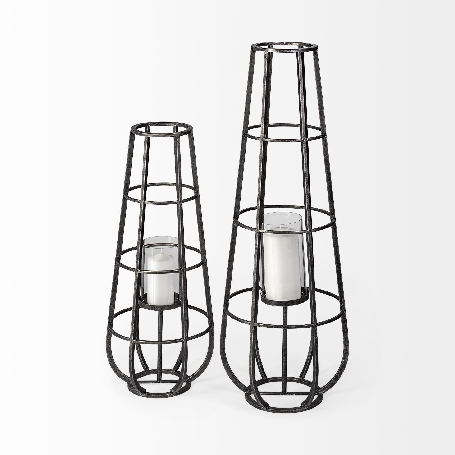 Bella Small Black Metal Cylindrical Cage Candle Holder Lantern — product photograph