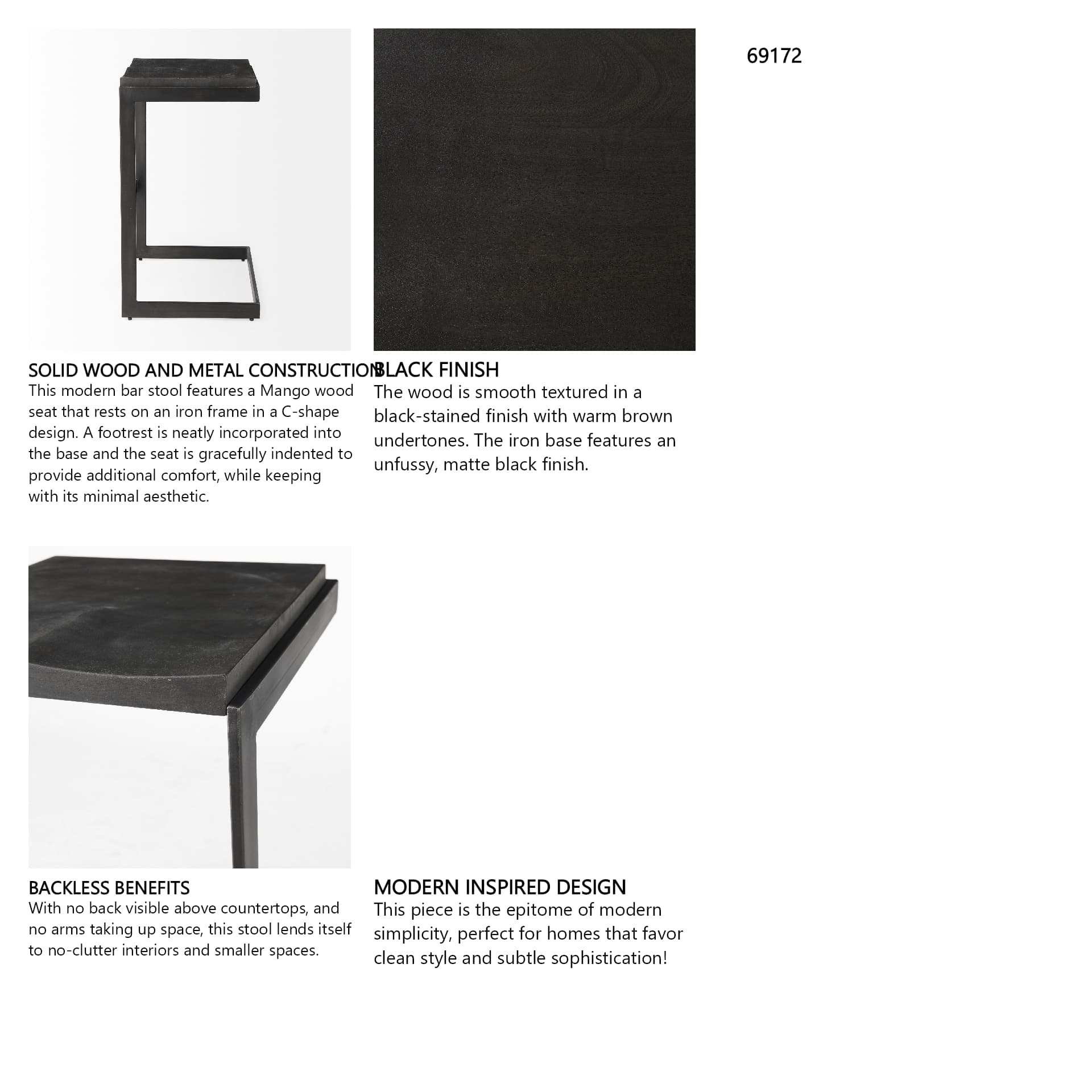 Kiran Backless 30in Seat Bar Stool | Black Wood w/ Black Metal — product photograph