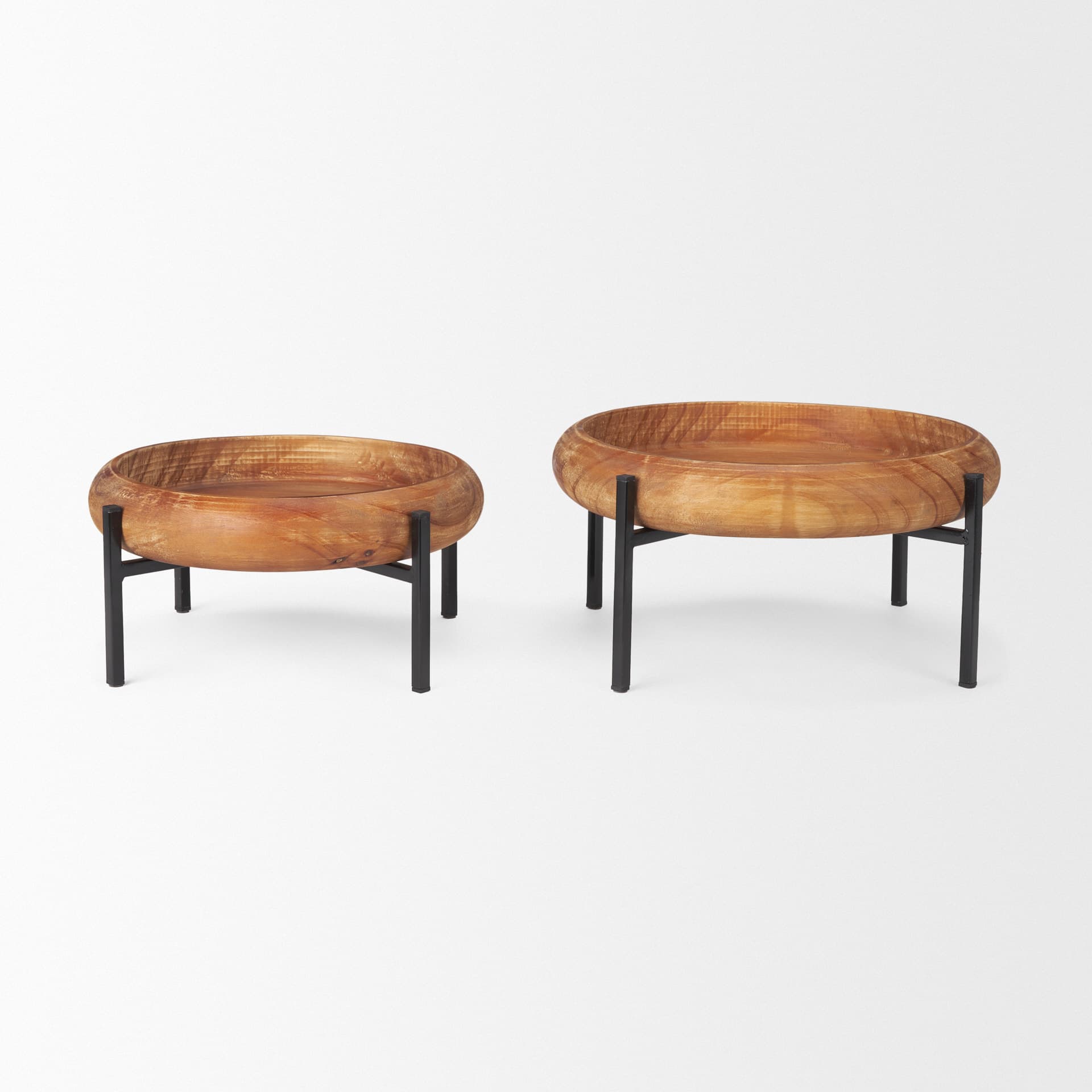 Wally Round Medium Brown Wood w/ Matte Black Metal Stand Trays — product photograph