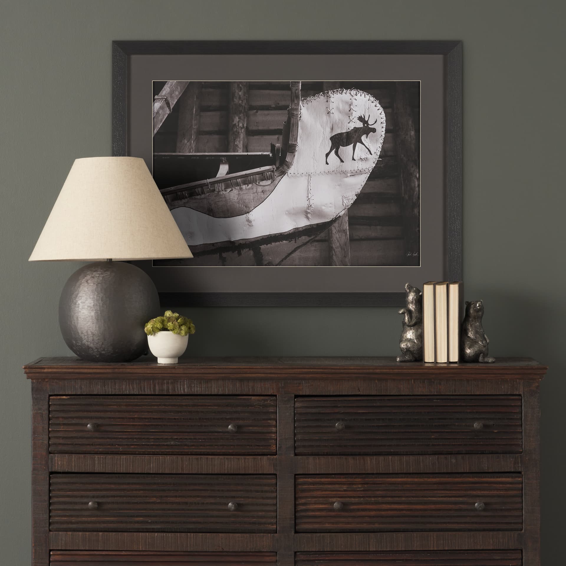 Moose Canoe by Deborah Revell Framed Art Print Matted under Glass — in a styled room