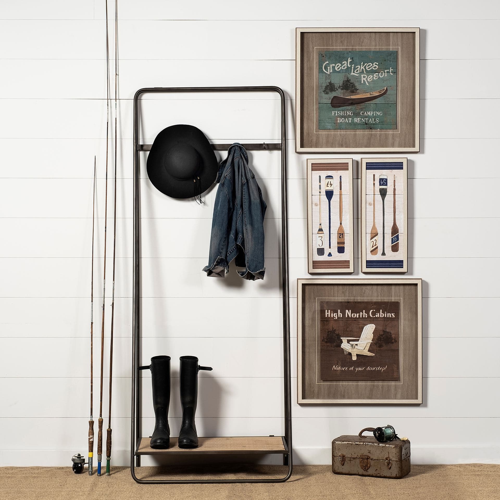 Carell 31L x 18W Black Metal And Wood Shelf Hall Tree — in a styled room