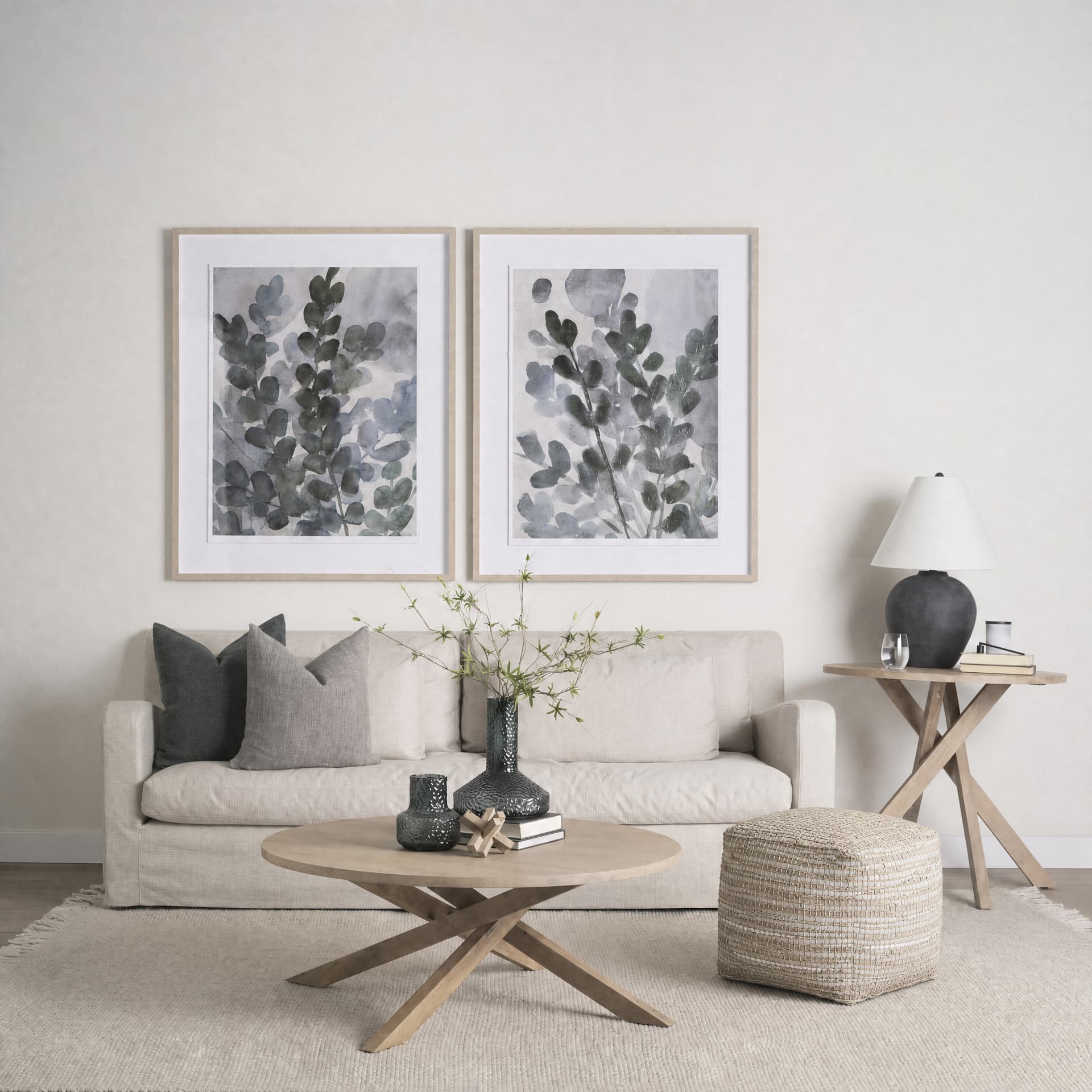 Aalia 16.0L x 16.0W x 16.0H Beige Leather and Jute Pouf — in a styled room