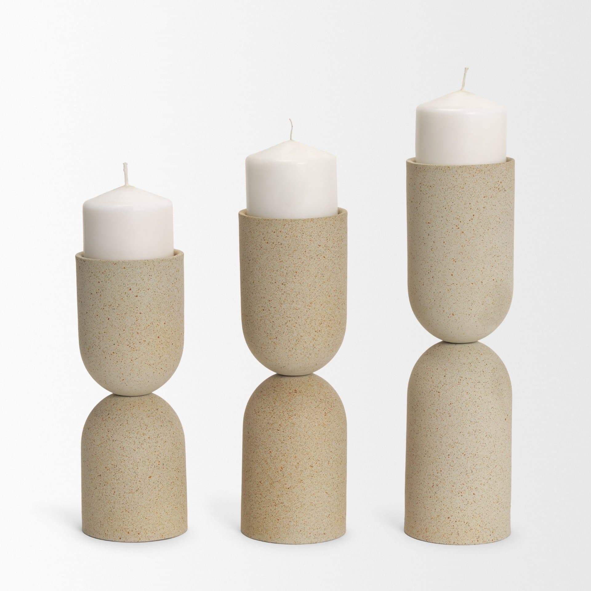 Qamra Short Beige Textured Metal Pillar Candle Holder — product photograph