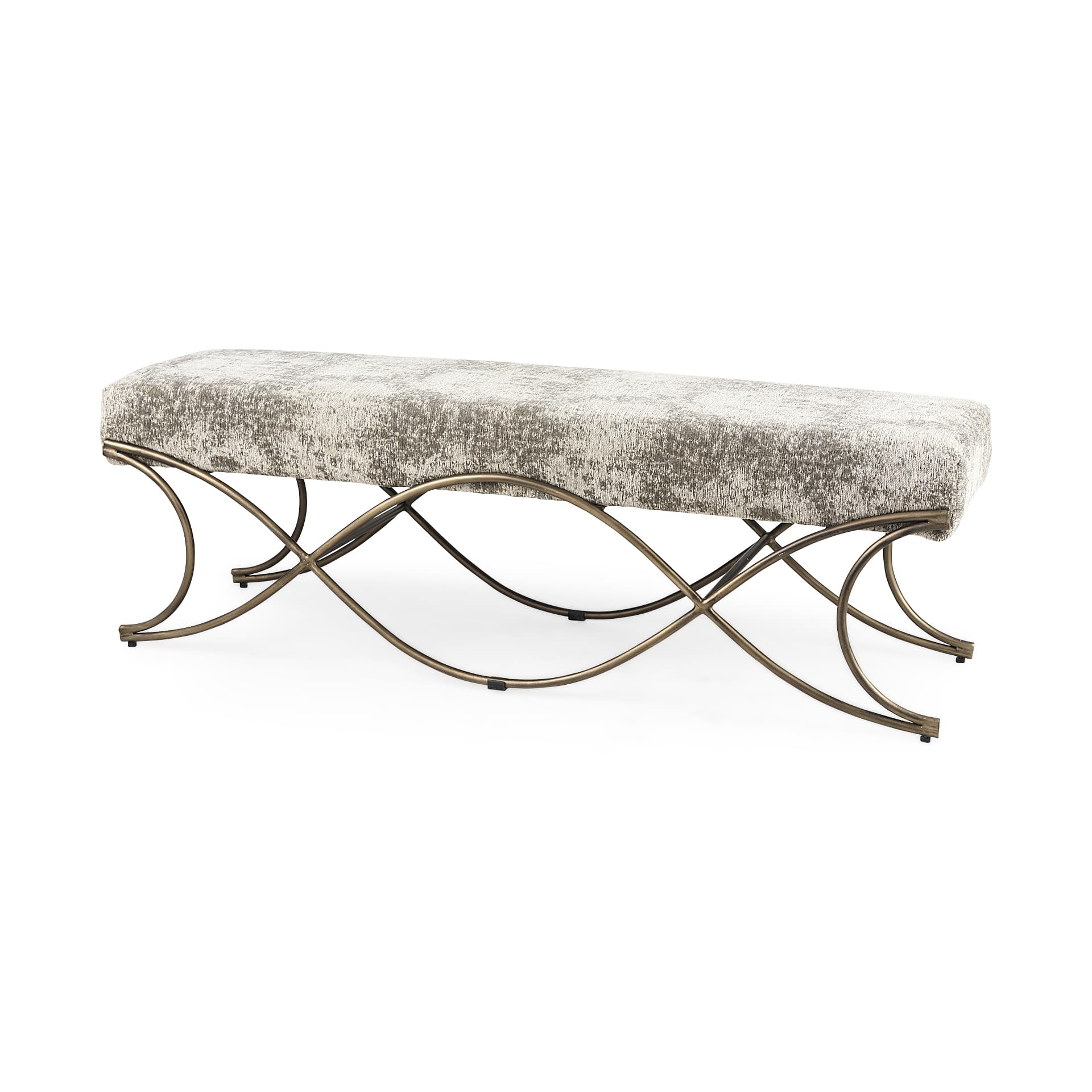 Ayla 55L x 17.6W x 18H Light and Dark Gray Fabric Seat W/ Antique Gold Metal Frame Bench — product photograph
