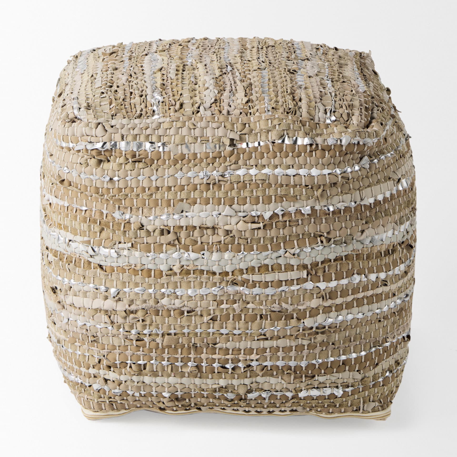 Aadhya 16.0L x 16.0W x 16.0H Taupe/Silver Leather and Cotton Pouf — product photograph