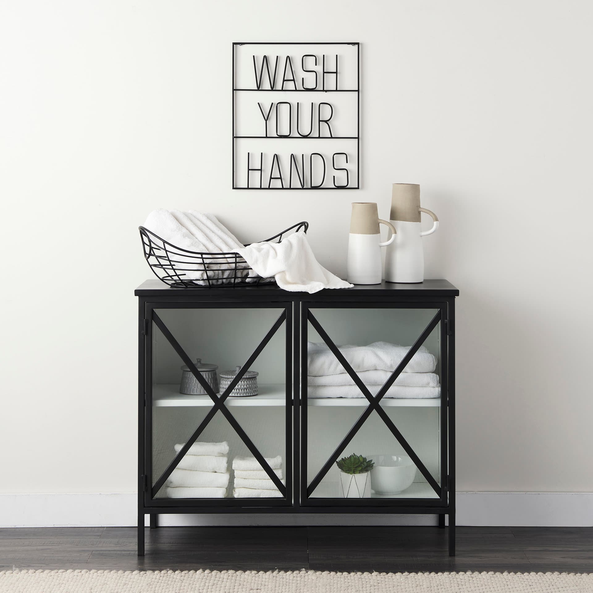 Aurelia Two Door Glass Cabinet — in a styled room