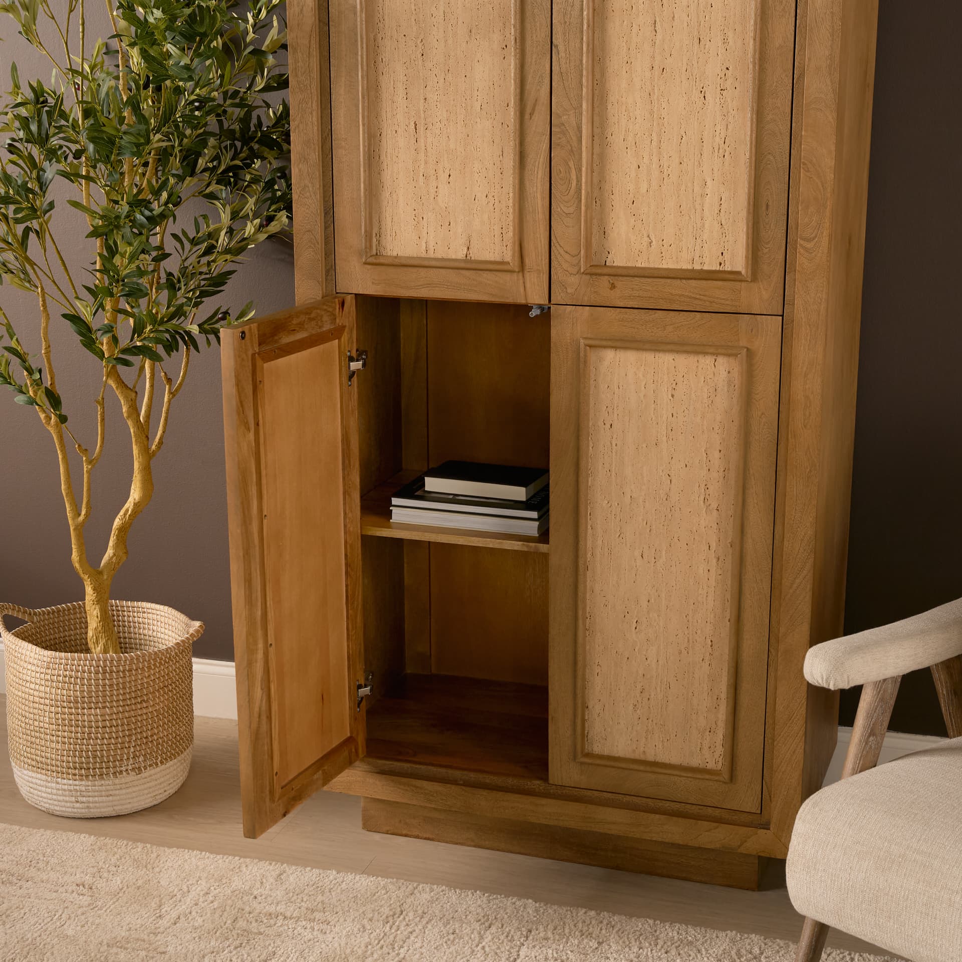 Valterra Light Brown Wood w/ Travertine 4 Door Tall Cabinet — product photograph