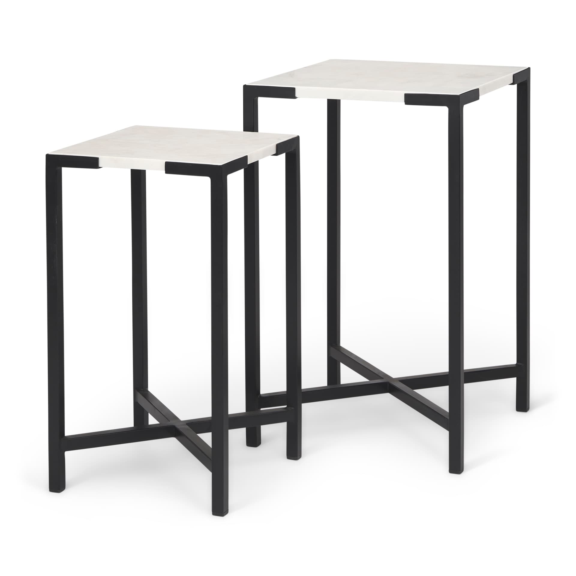 Lucas III (Set of 2) 15L x 15W; 12L x 12W White Marble W/Black Iron Frame Accent Tables — product photograph