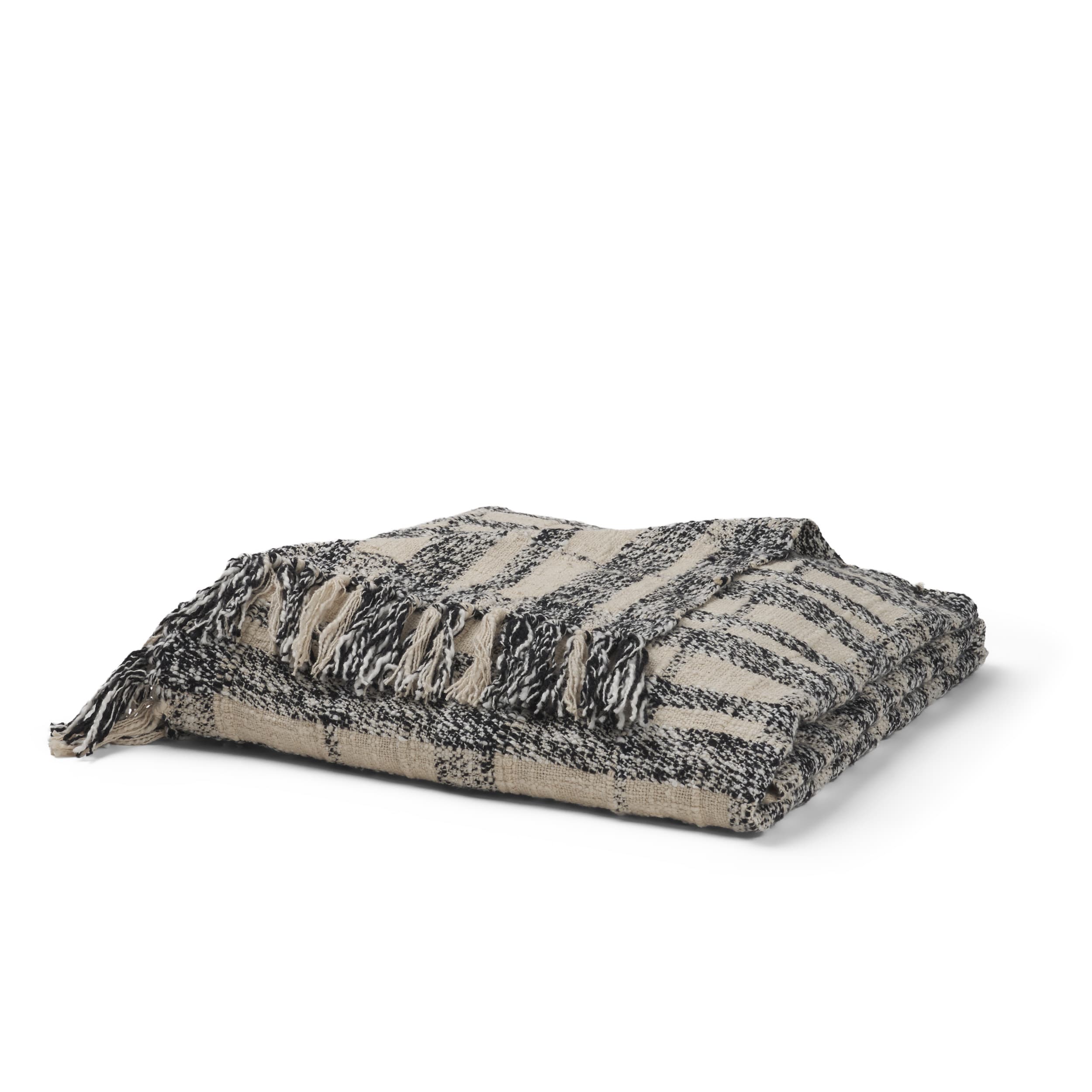 Pendle Cream w/ Woven Black Plaid Pattern Cotton Throw Blanket — product photograph