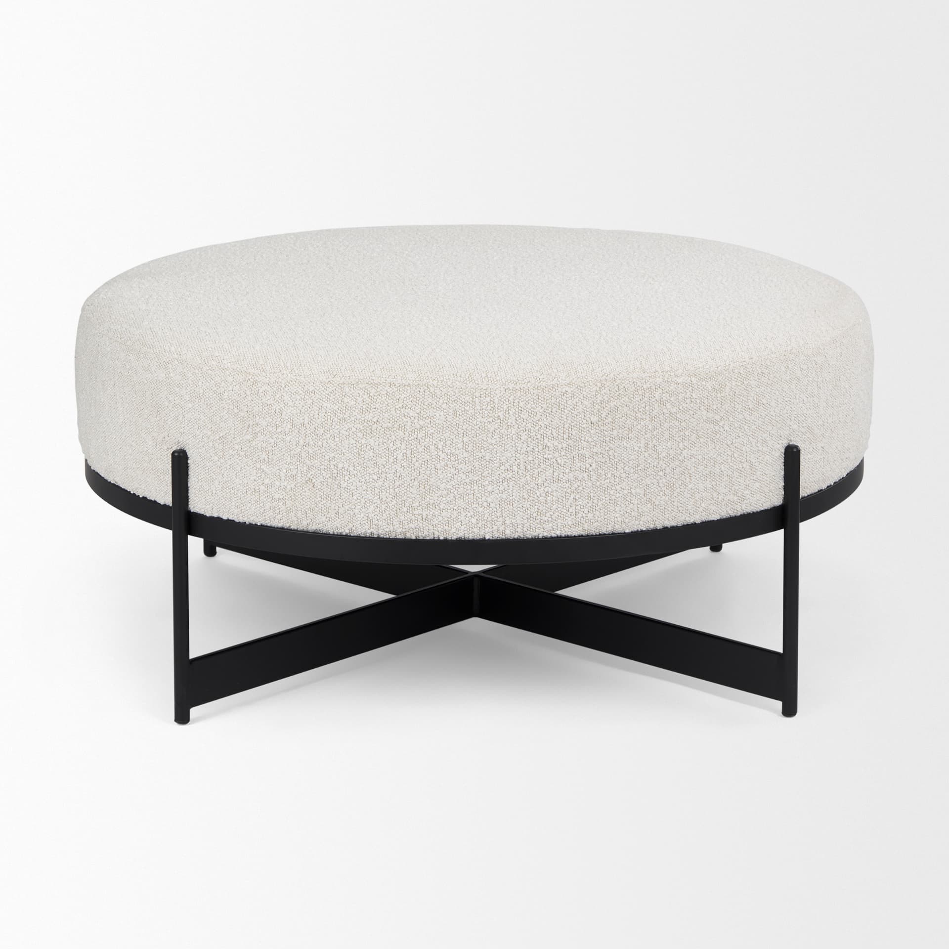 Amelia 35.8L x 35.8W x 17.5H Cream Boucle W/Black Metal Upholstered Ottoman — product photograph