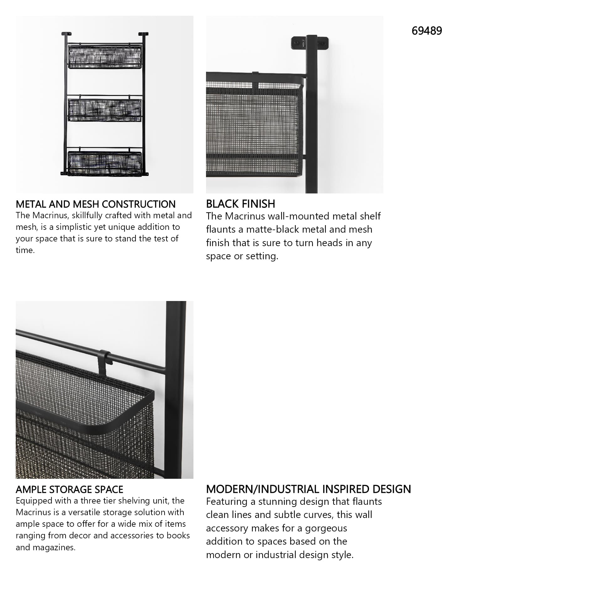 Macrinus 23.4L x 5.5W x 38.6H Black Metal W/Mesh Wall Mounted Shelf — in a styled room