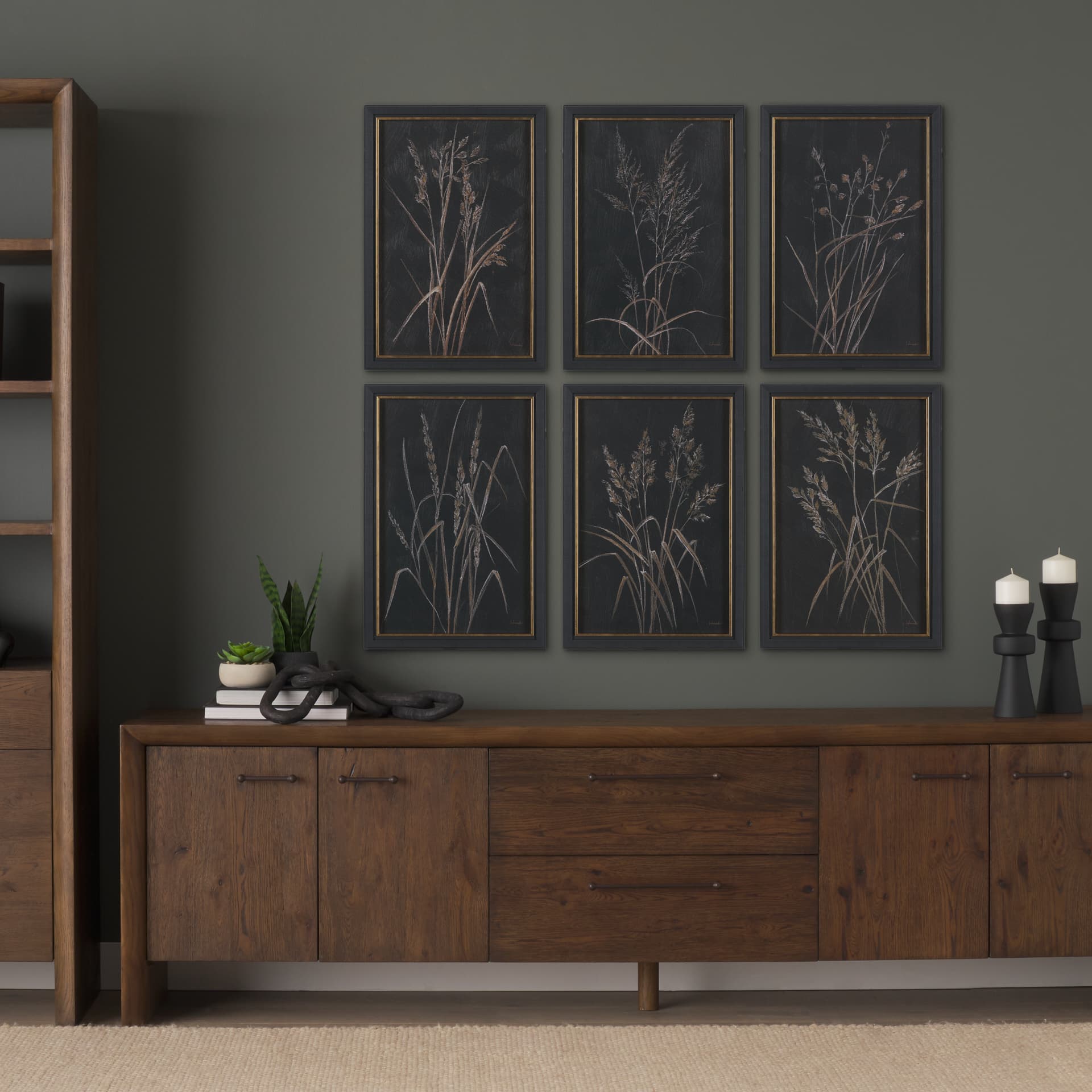 Golden Grasses IV by Mercana Studio Hand Embelished Textured Framed Artwork Matted — in a styled room