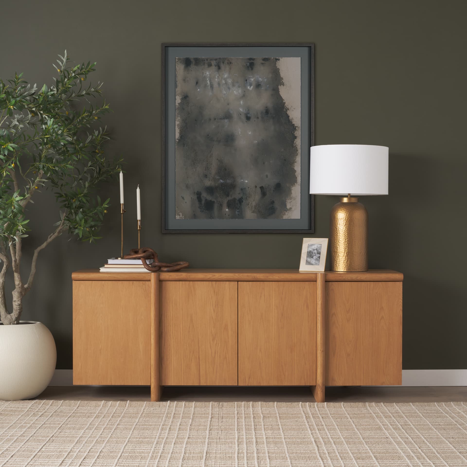 Rowan Light Brown Oak Wood Closed 4 Door Sideboard — in a styled room