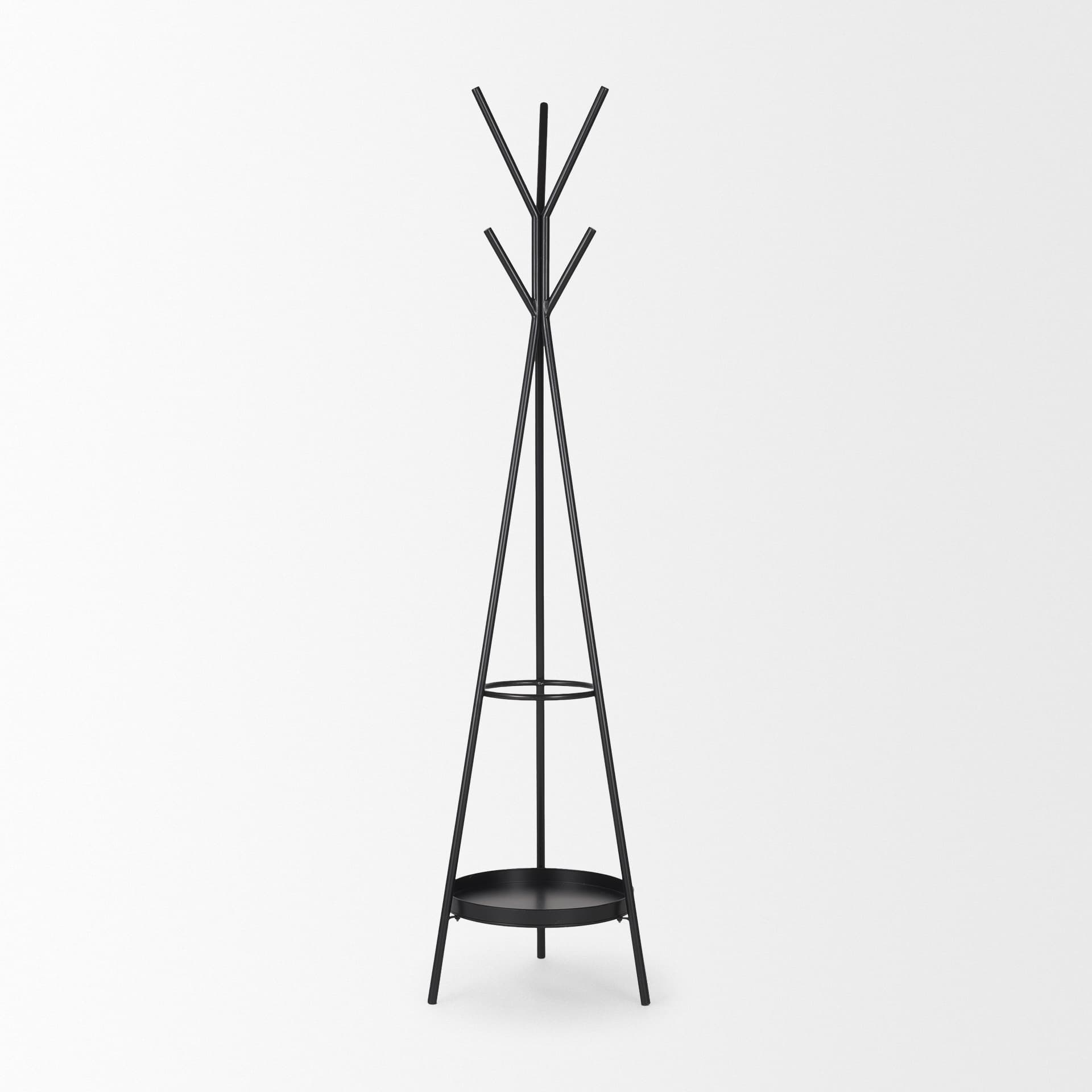 Everett Matte Black Metal w/ Two Metal Shelves Coat Rack — product photograph
