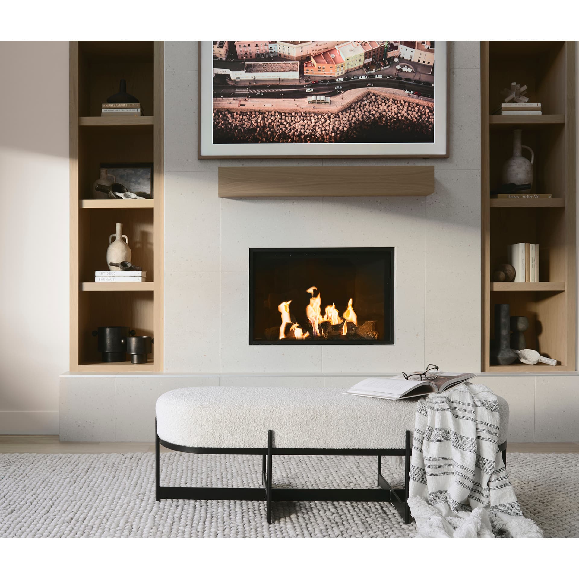 Amelia 55.0L x 18.0W x 18.0H Cream Boucle W/Black Metal Upholstered Bench — in a styled room