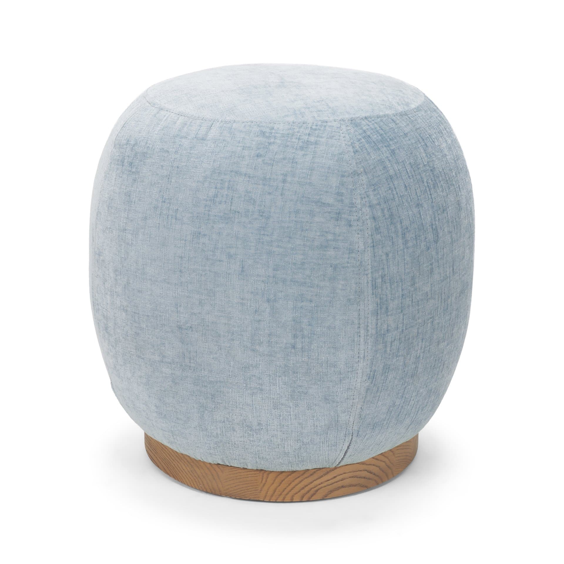 Siren French Blue Fabric w/ Brown Ash Wood Round Accent Stool — product photograph