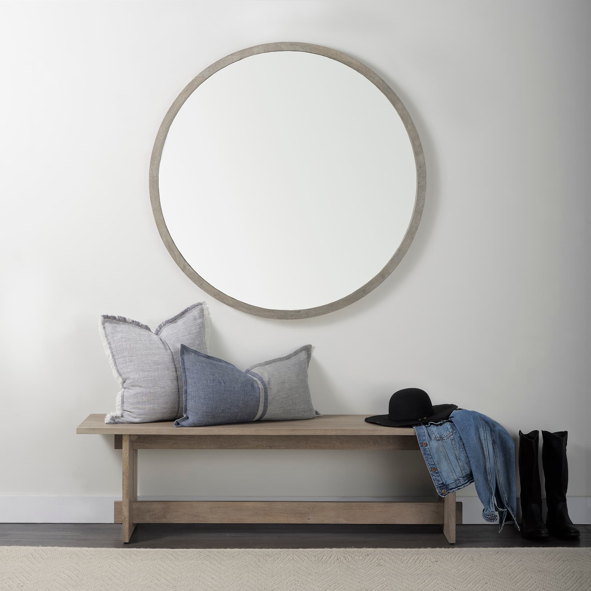 Aida 18H Light Gray Wood Dining Bench — in a styled room