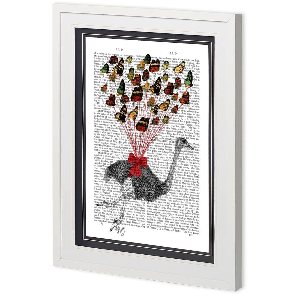 Custom Ostrich Flying with Butterflies by Fab Funky a Framed Art Print Matted under Glass — product photograph