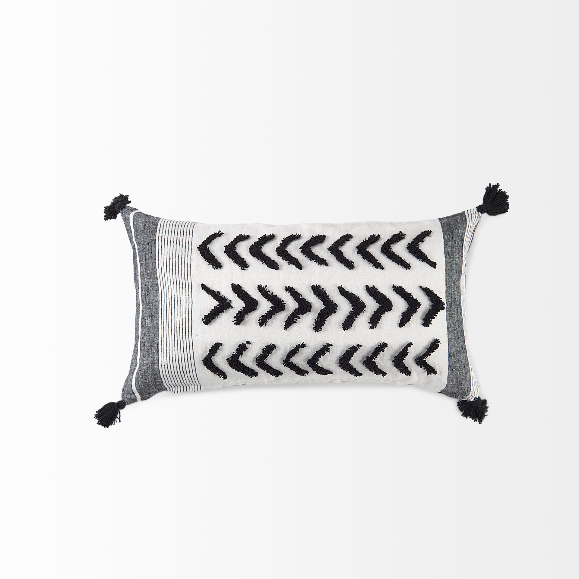 Kimia 14x26 White/Black Fabric Herringbone w/Fringed Pillow Cover — product photograph