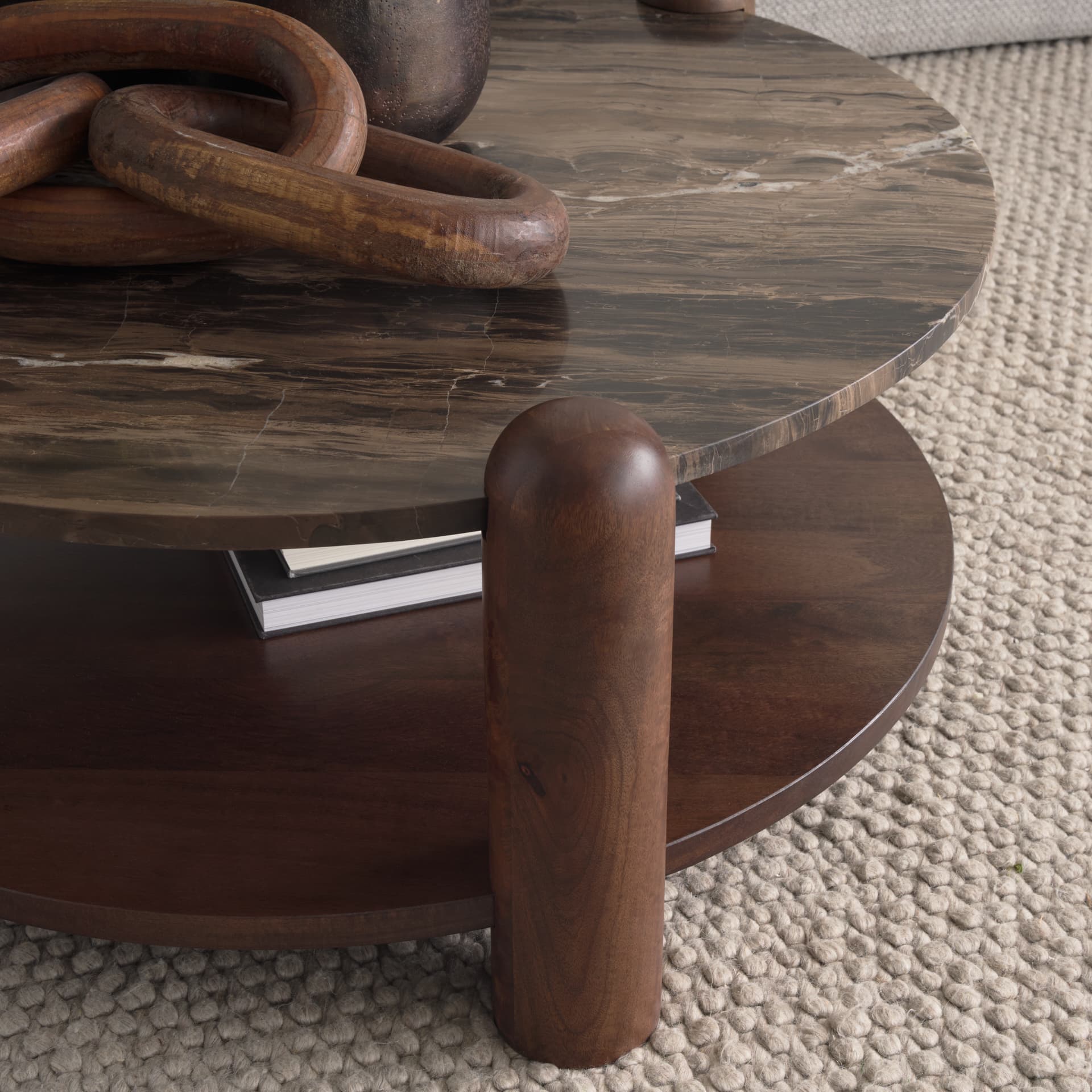 Jovia Brown Mango Wood W/ Cappuccino Marble Round Coffee Table — product photograph