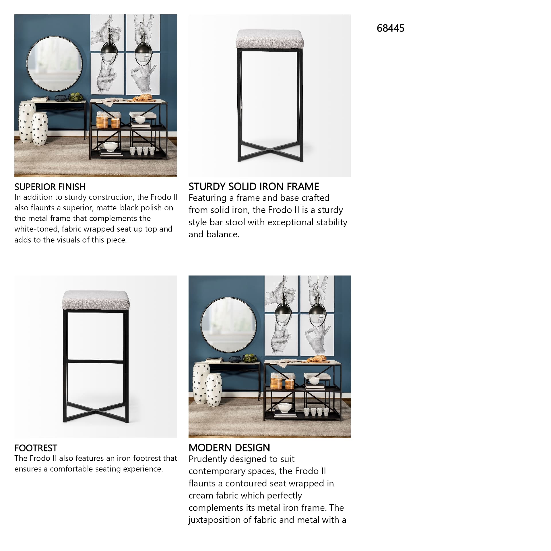 Frodo Backless 29.75in Seat Bar Stool | White Fabric w/ Black Metal — product photograph
