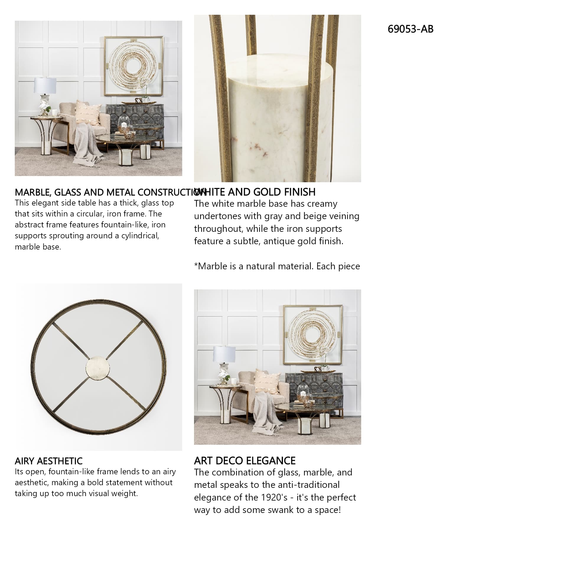Jacinta II 21" Round Glass Top Metal and Marble Pedestal End/Side Table — in a styled room