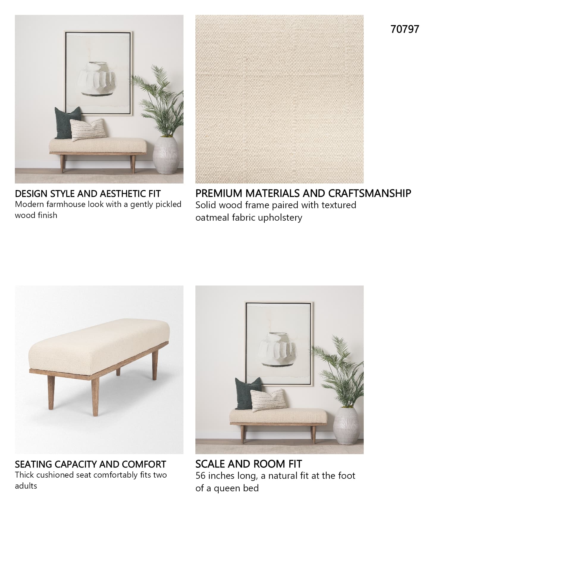 Shae Brown Wood w/ Oatmeal Fabric Bench — in a styled room
