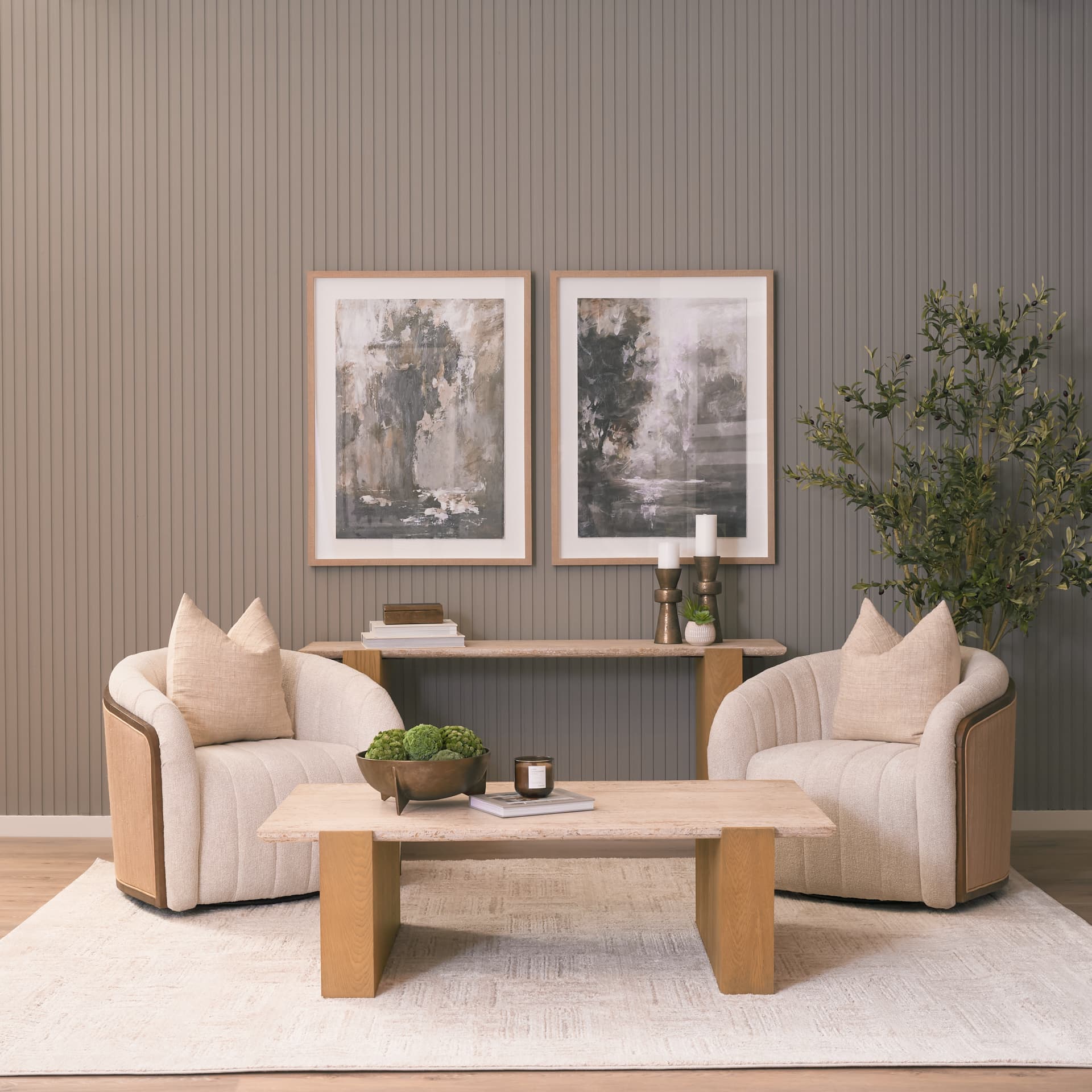 Milos Travertine Top w/ Light Brown Oak Wood Coffee Table — in a styled room