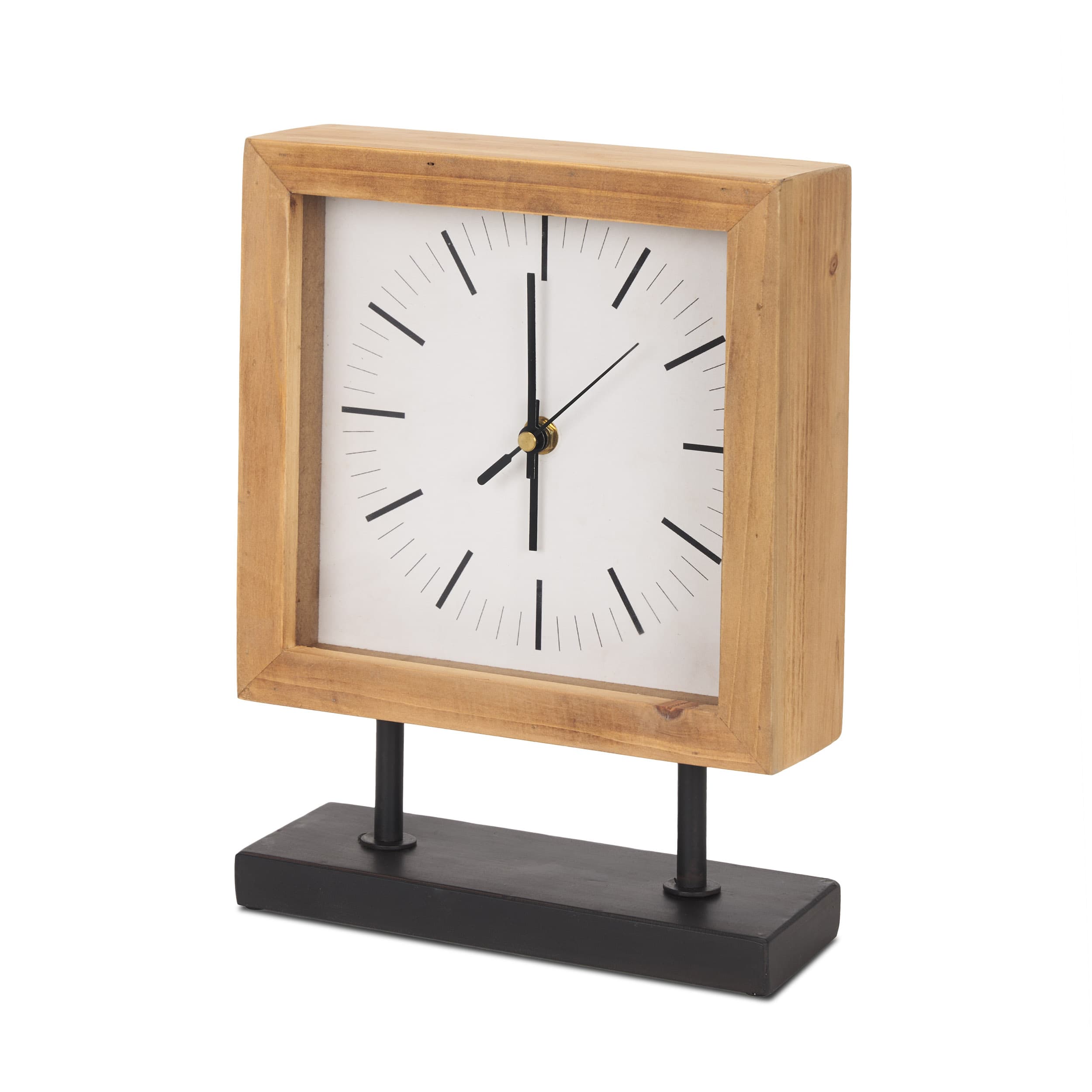 Renaya Light Brown Wood w/ Matte Black Metal Base Table Clock — product photograph