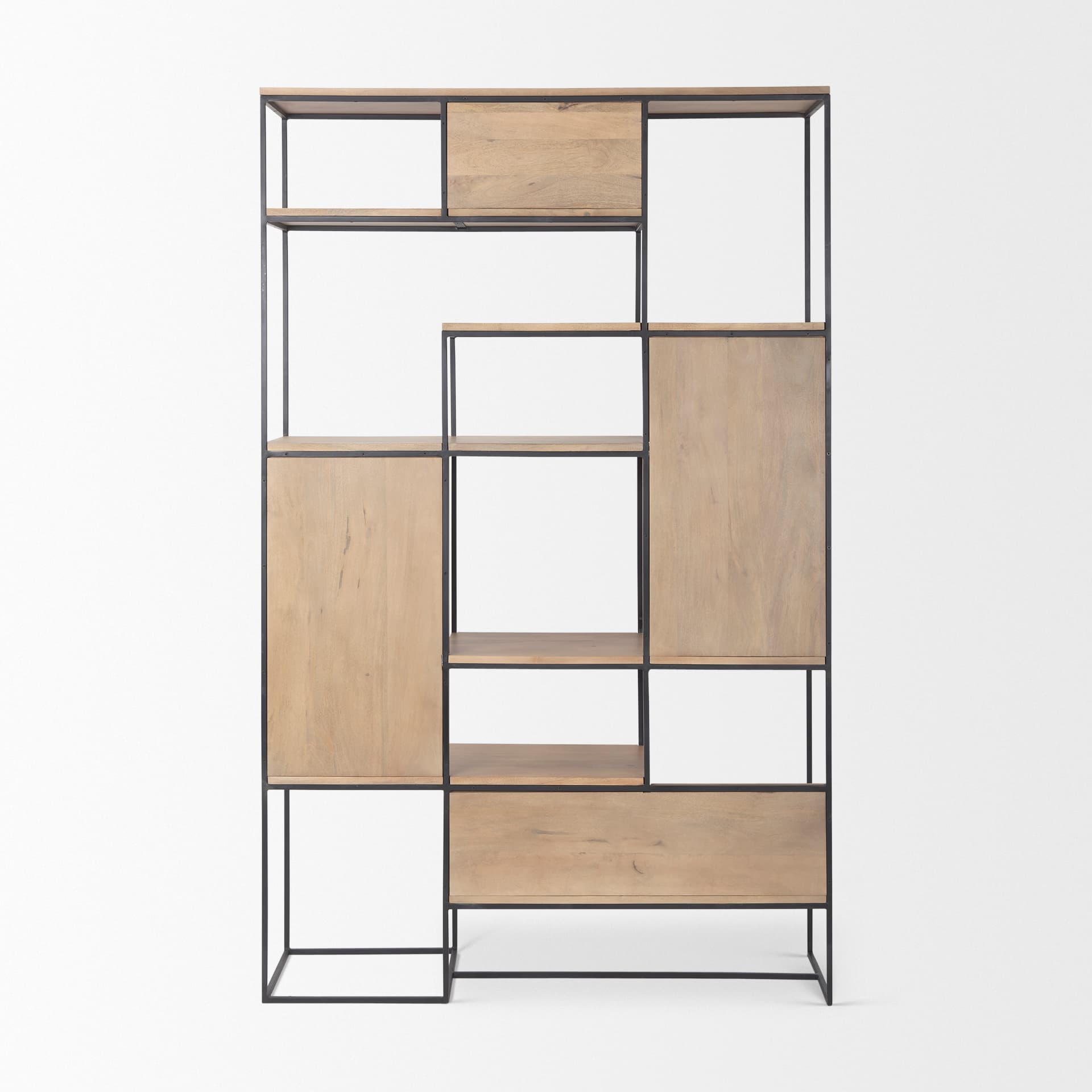 Morris 47.0L x 15.0W x 75.0H Light Brown Wood w/ Black Metal Frame 6-Tier Shelving Unit — product photograph