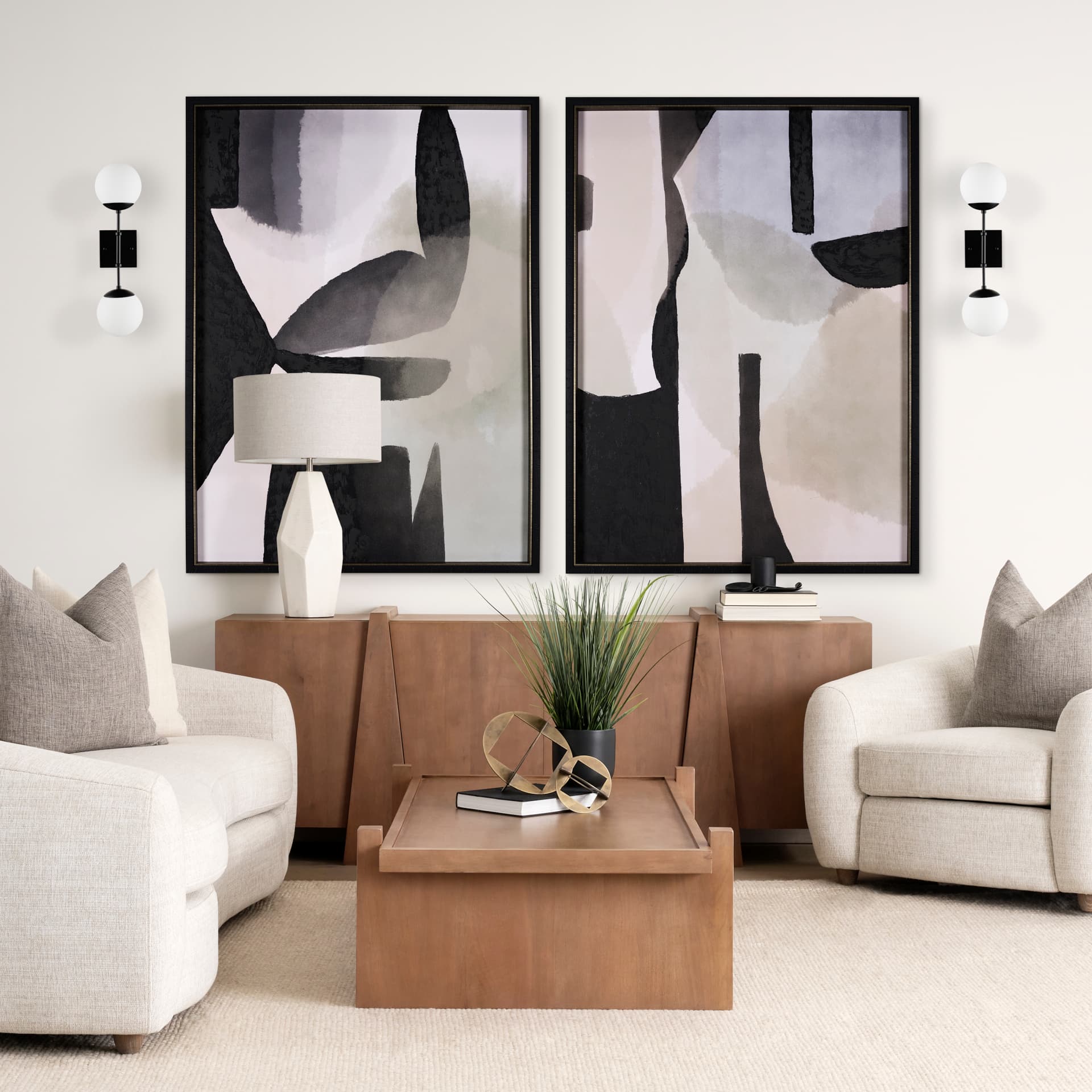 Edie Matte Black Metal w/ Frosted Glass Globes 2-Light Wall Sconce — in a styled room