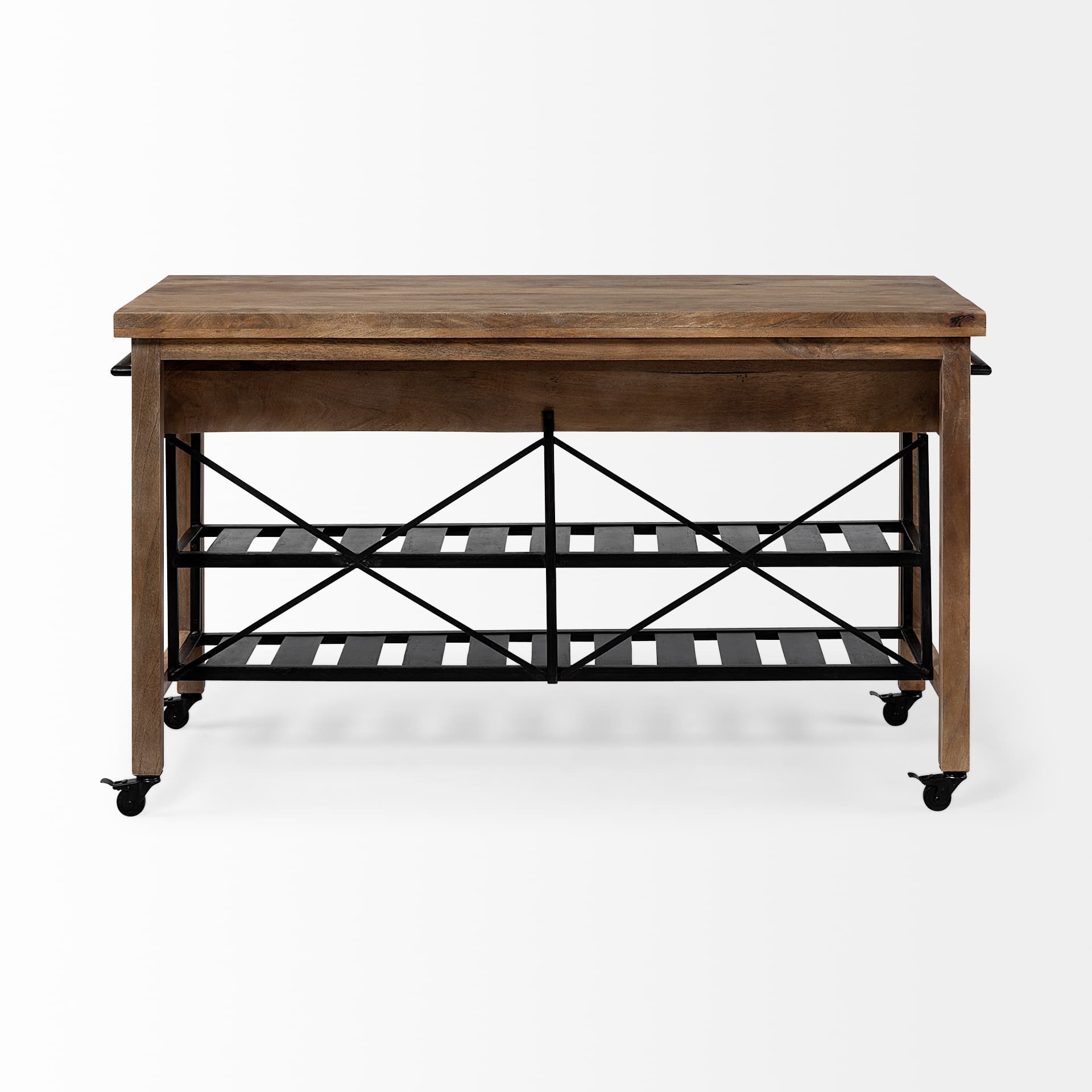 Stuart I Brown Solid Wood Top Two-Tier Black Metal Rolling Kitchen Island — product photograph