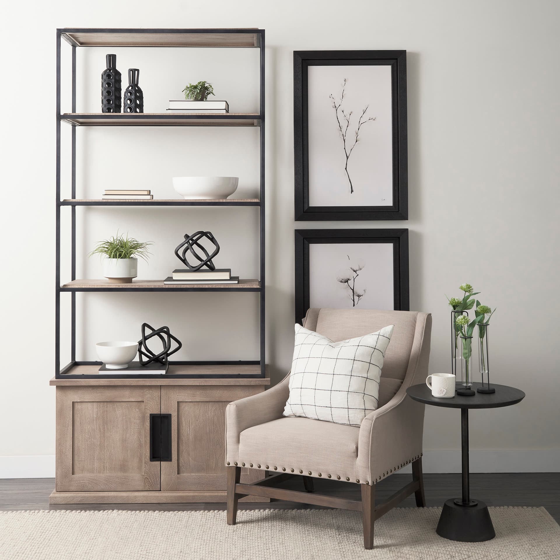Braxton II Light Brown Wood and Iron Three Shelf Shelving Unit 41.5L x 18.5W x 9 — in a styled room