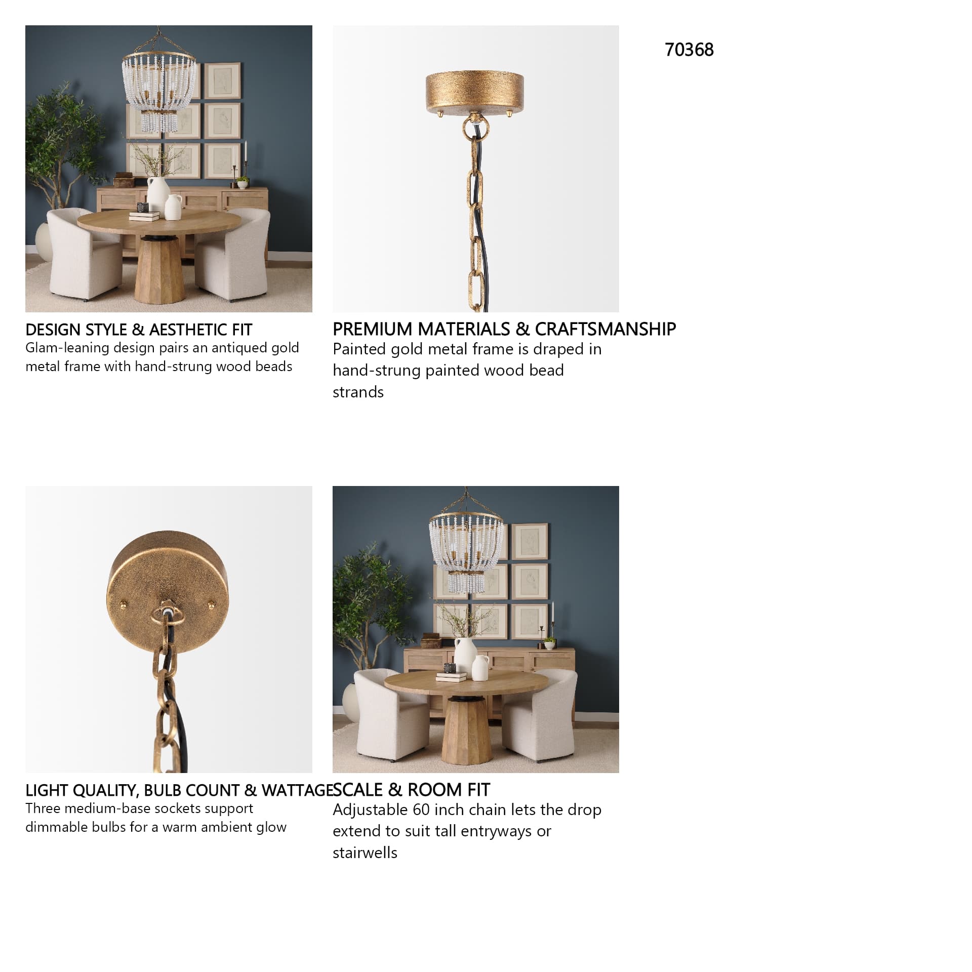 Rhone Gold Metal and Wood Beaded Chandelier — in a styled room
