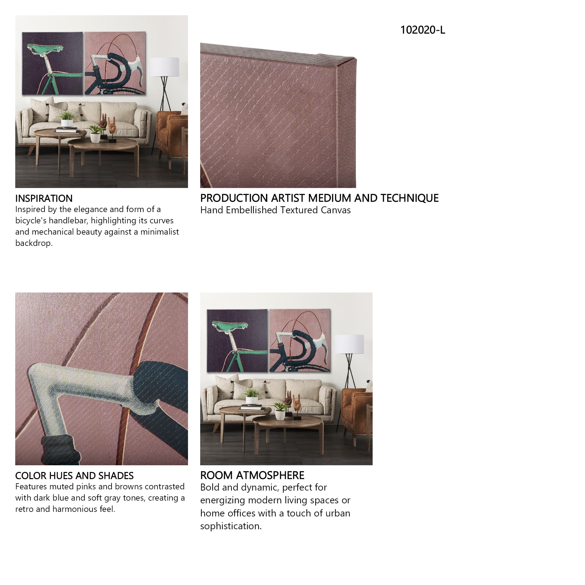 Bike Handle Pink by Alarm a Hand Embellished Textured Canvas — in a styled room