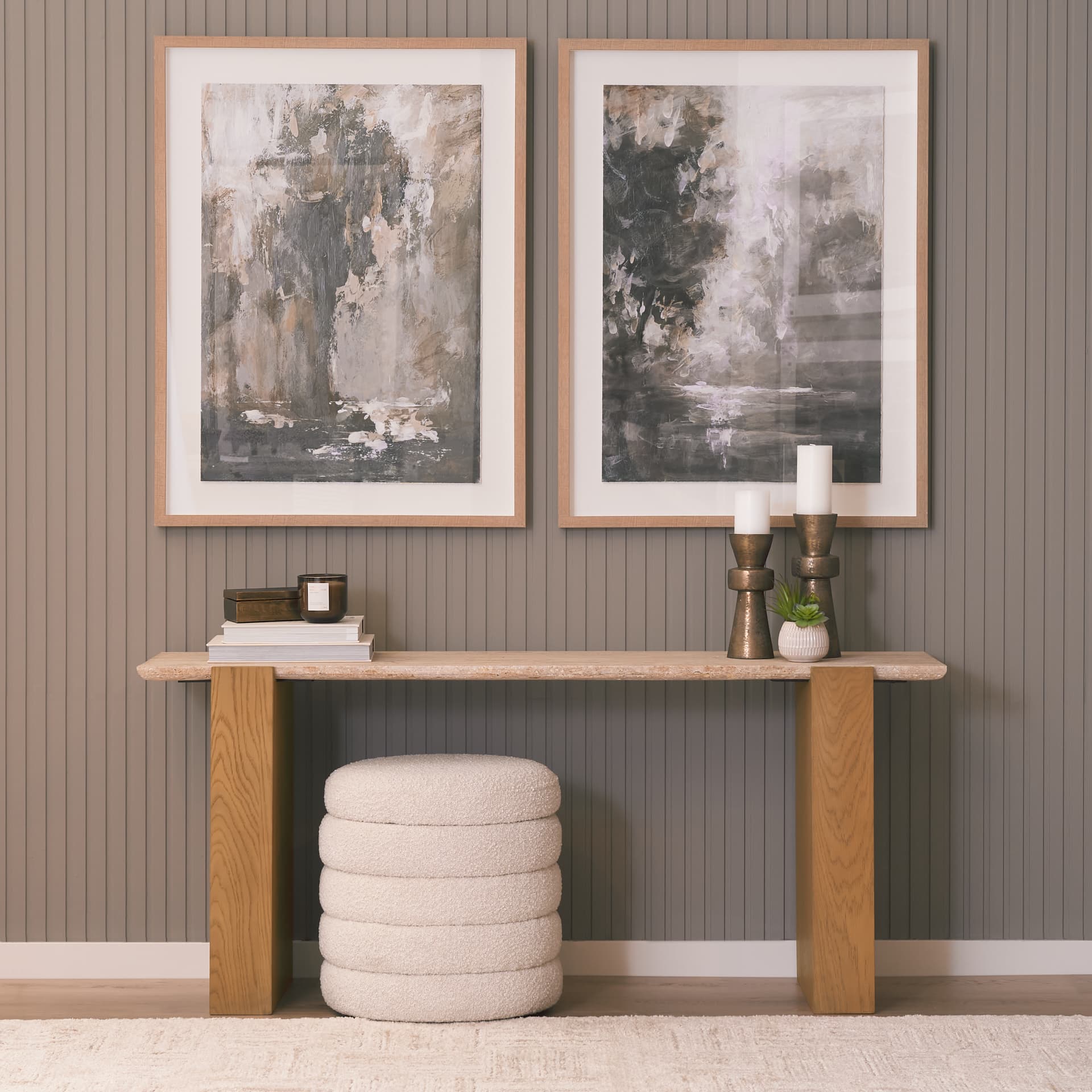 Milos Travertine Top w/ Light Brown Oak Wood Console Table — in a styled room