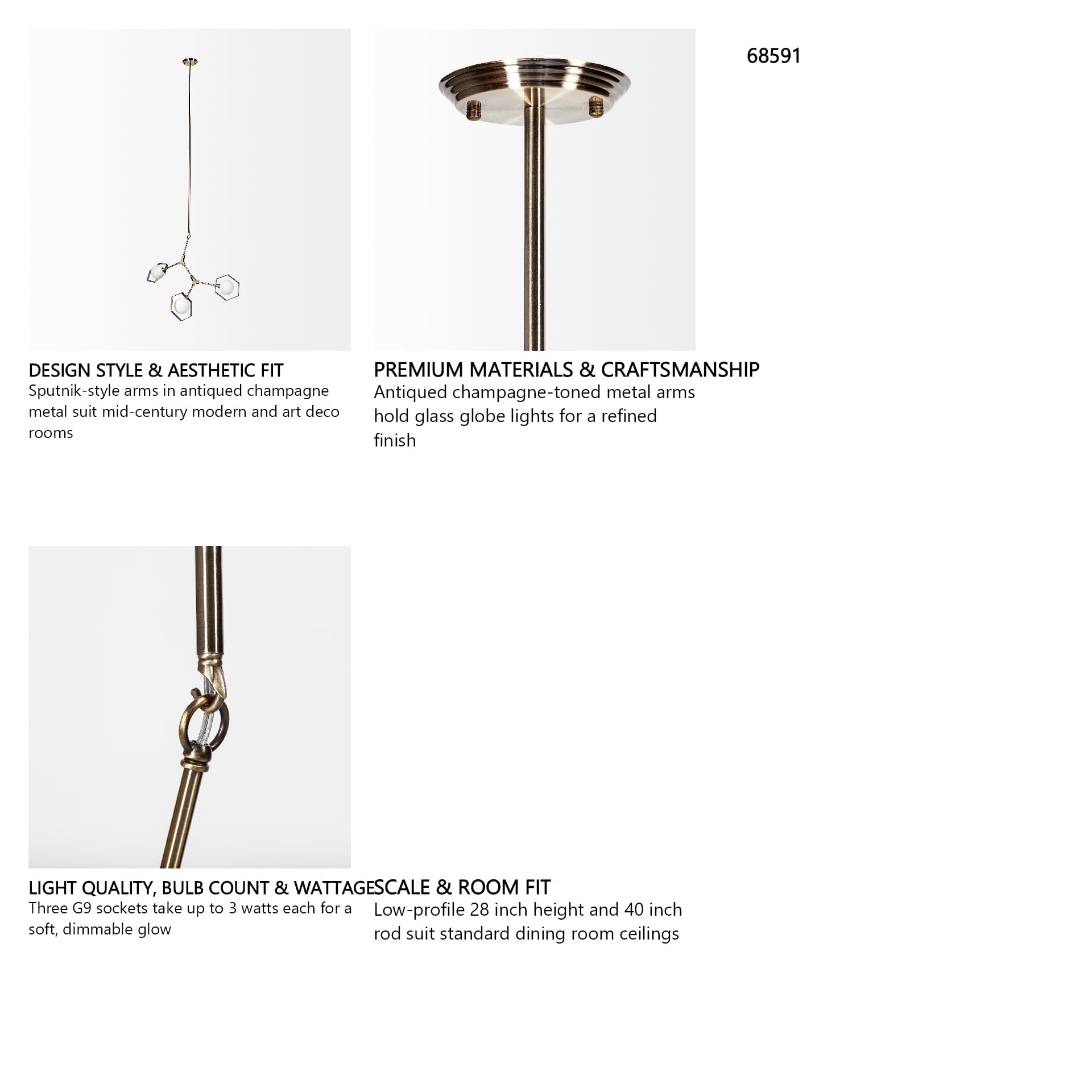 Desousa II (33.9"L x 8.8"W x 28"H) Champagne Metal Multi-Arm Three Light Chandelier — in a styled room