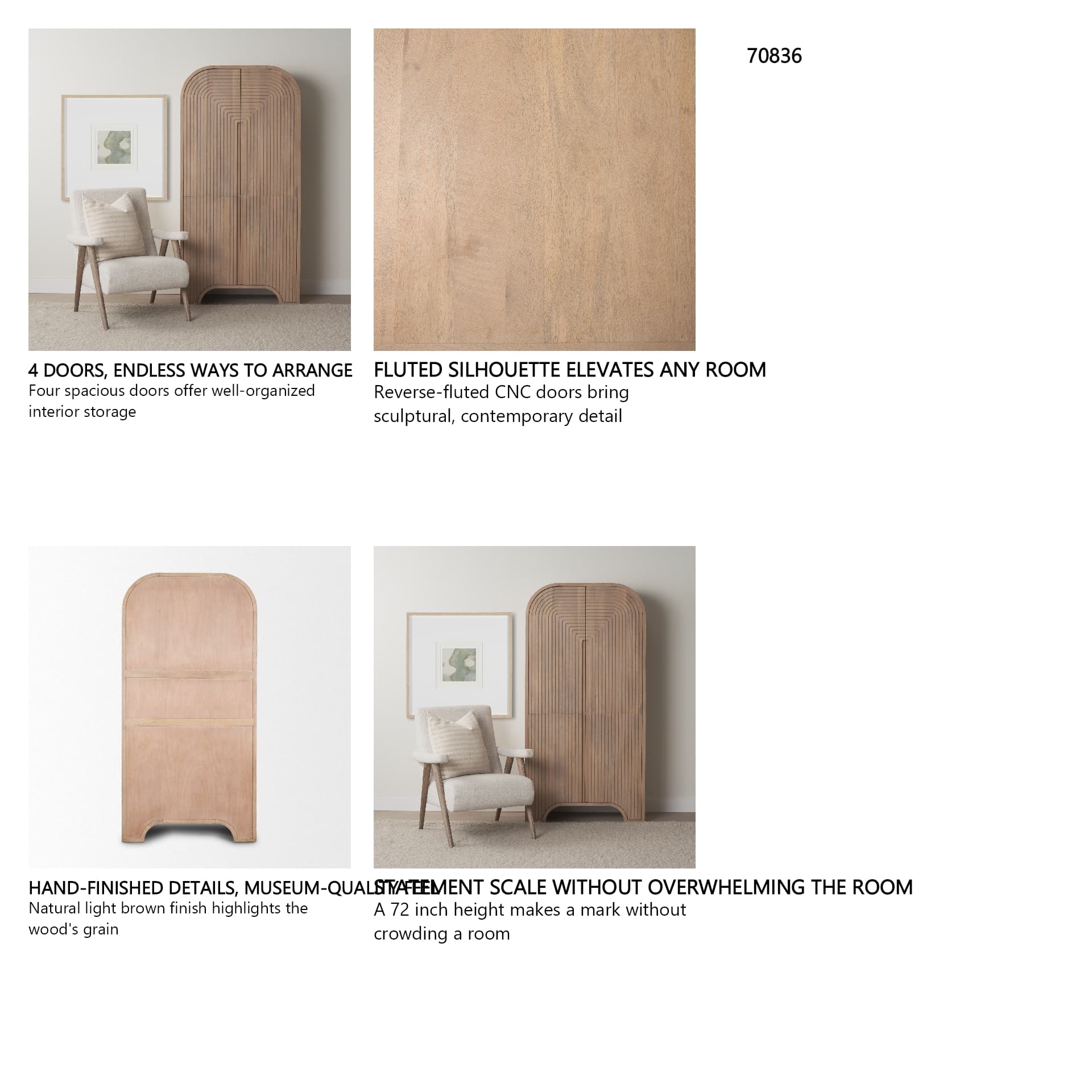Sorina Reverse Fluted Light Brown Wood Curio Cabinet — in a styled room
