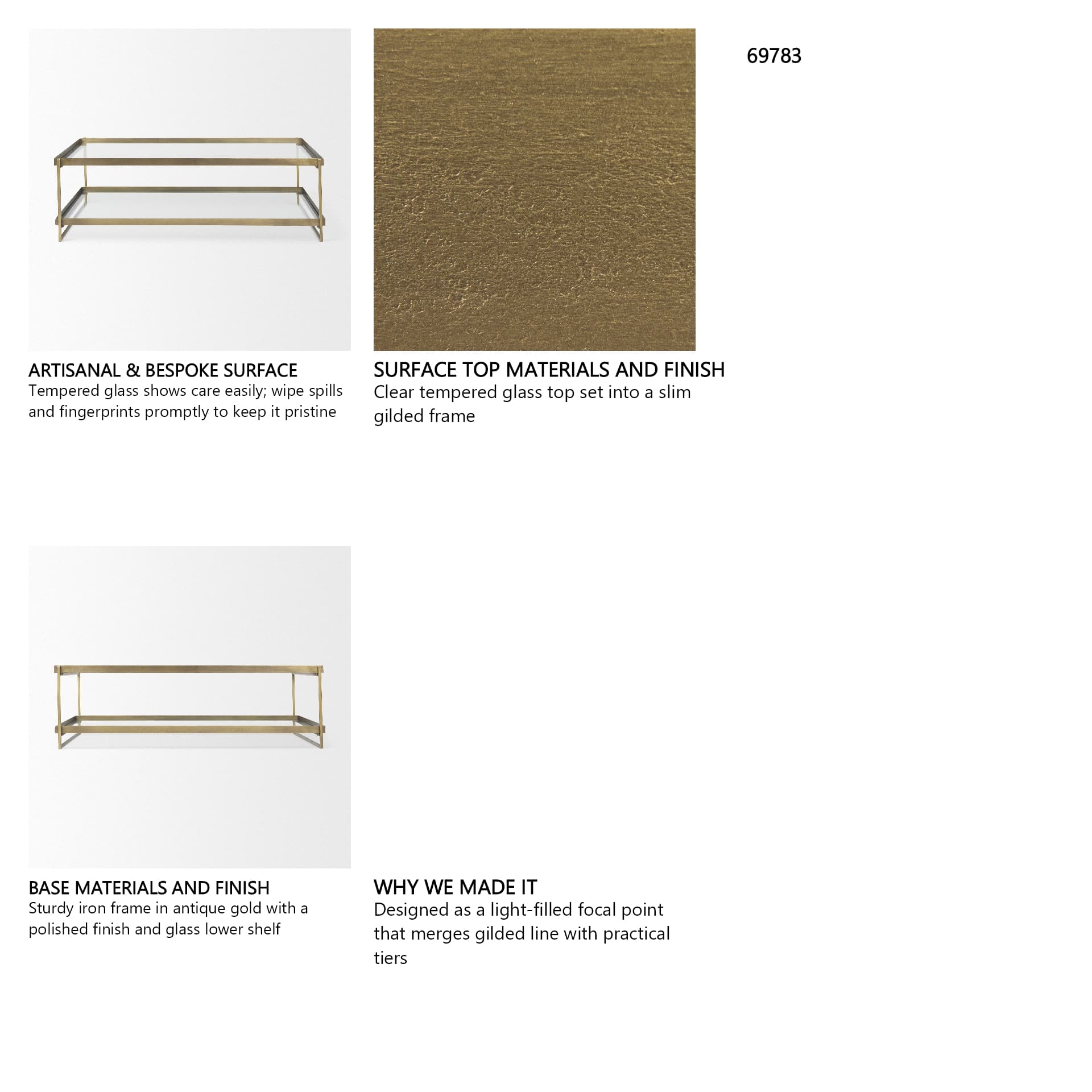 Trey 56.0L x 32.0W x 17.0H Gold Metal W/Glass Coffee table — in a styled room