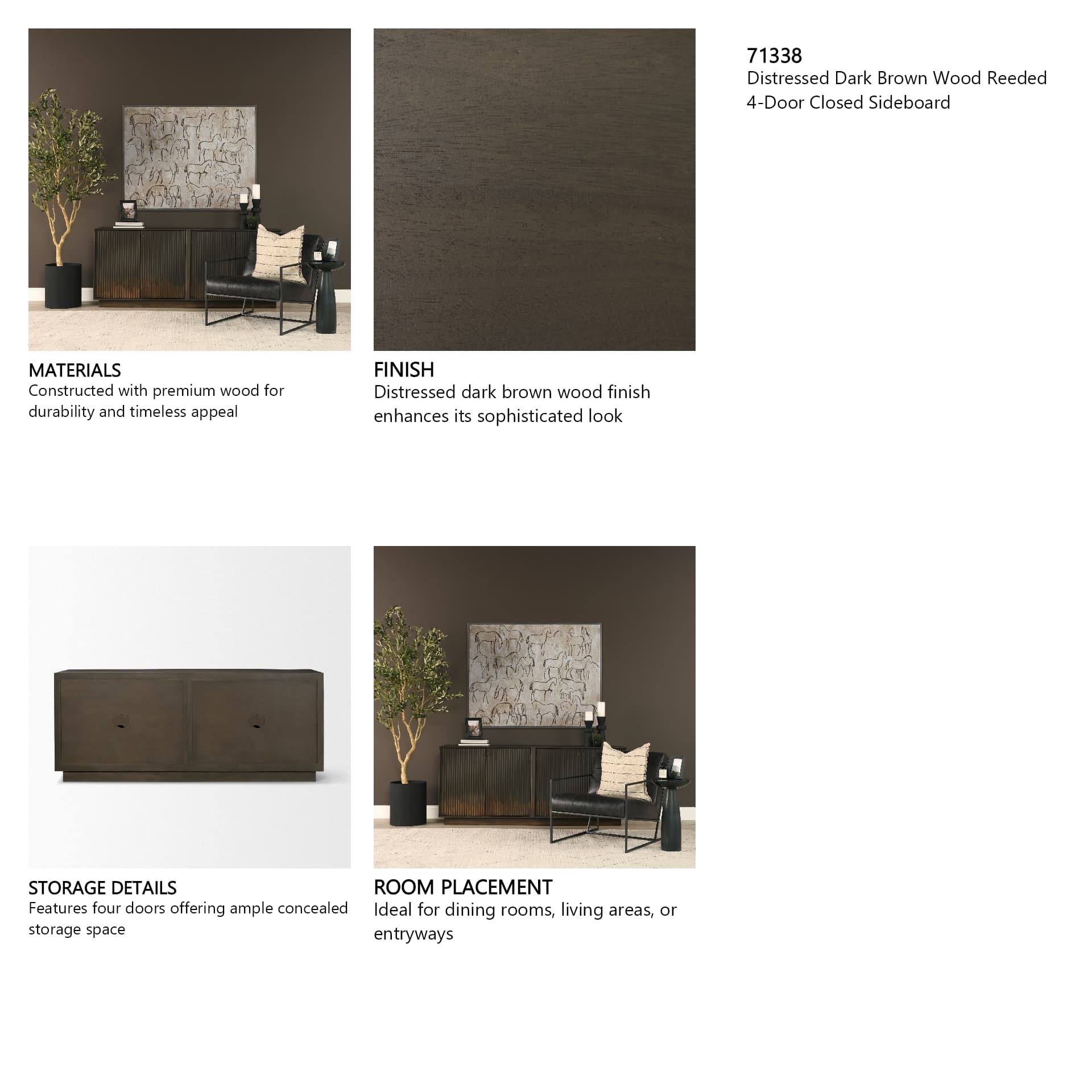 Cinder Distressed Dark Brown Wood Reeded 4-Door Closed Sideboard — in a styled room