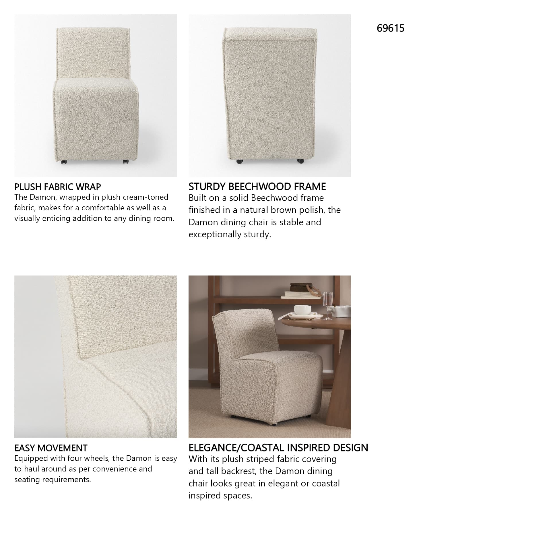 Damon Barrel Back Dining Arm Chair | Cream Fabric w/ Caster Base — in a styled room