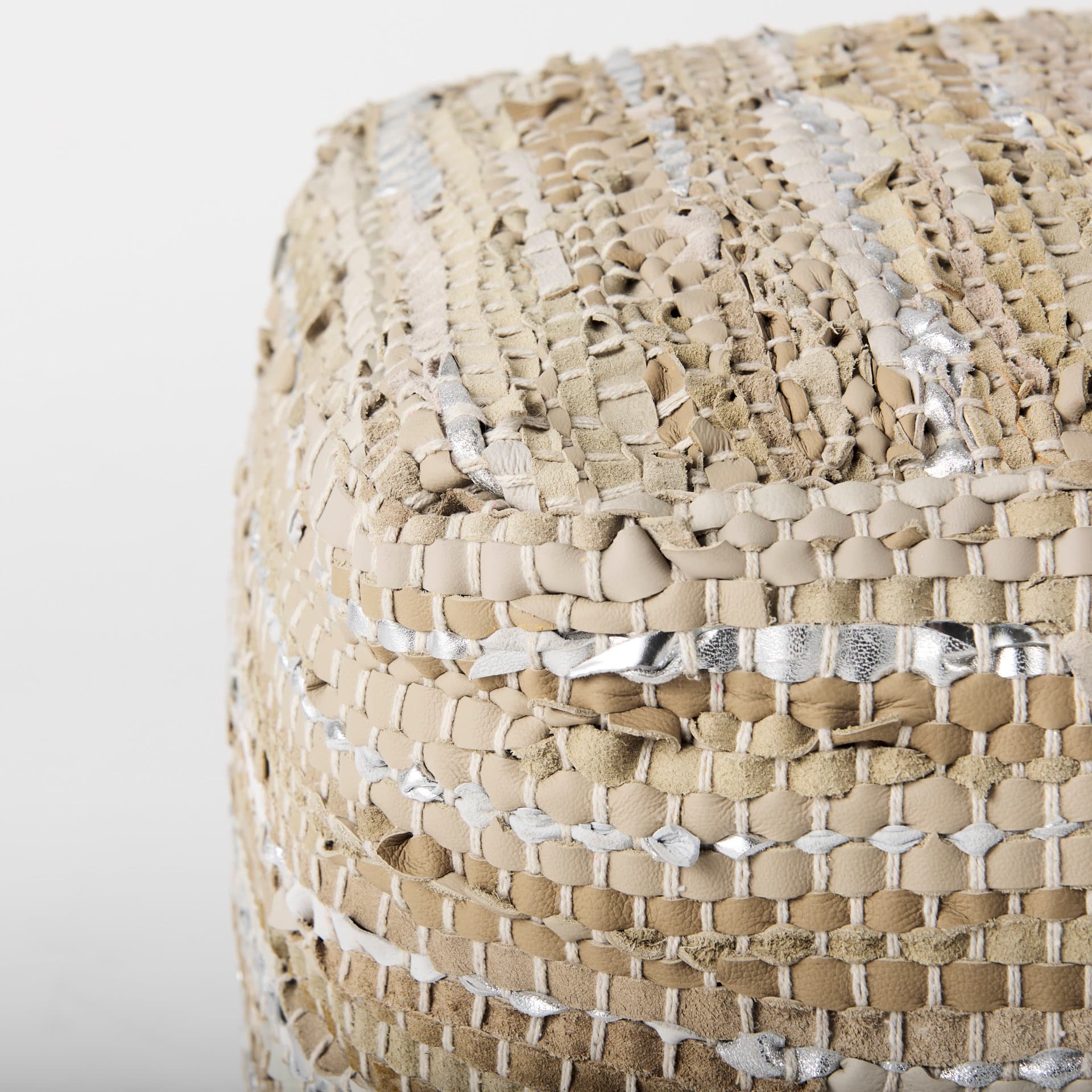 Aadhya 16.0L x 16.0W x 16.0H Taupe/Silver Leather and Cotton Pouf — product photograph