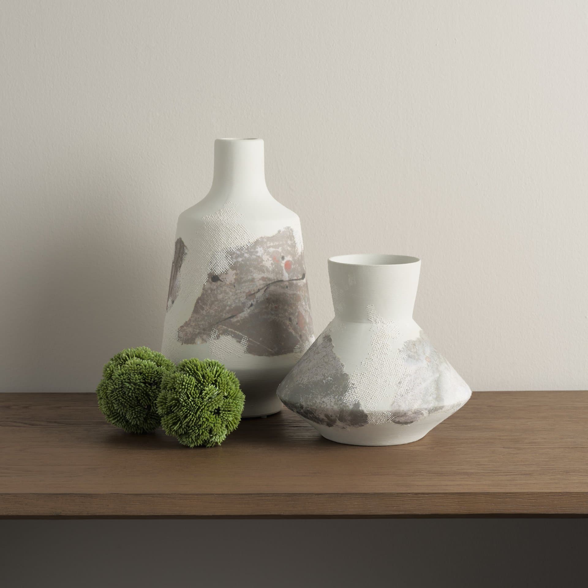 Velo 8.1H White w/Green Hand-Painted Terracotta Decorative Vase — in a styled room