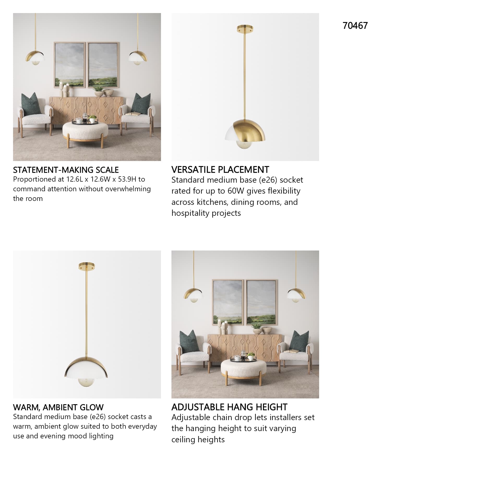 Cybill Brushed Brass w/ White Metal Shade 1-Light Wall Pendant — in a styled room