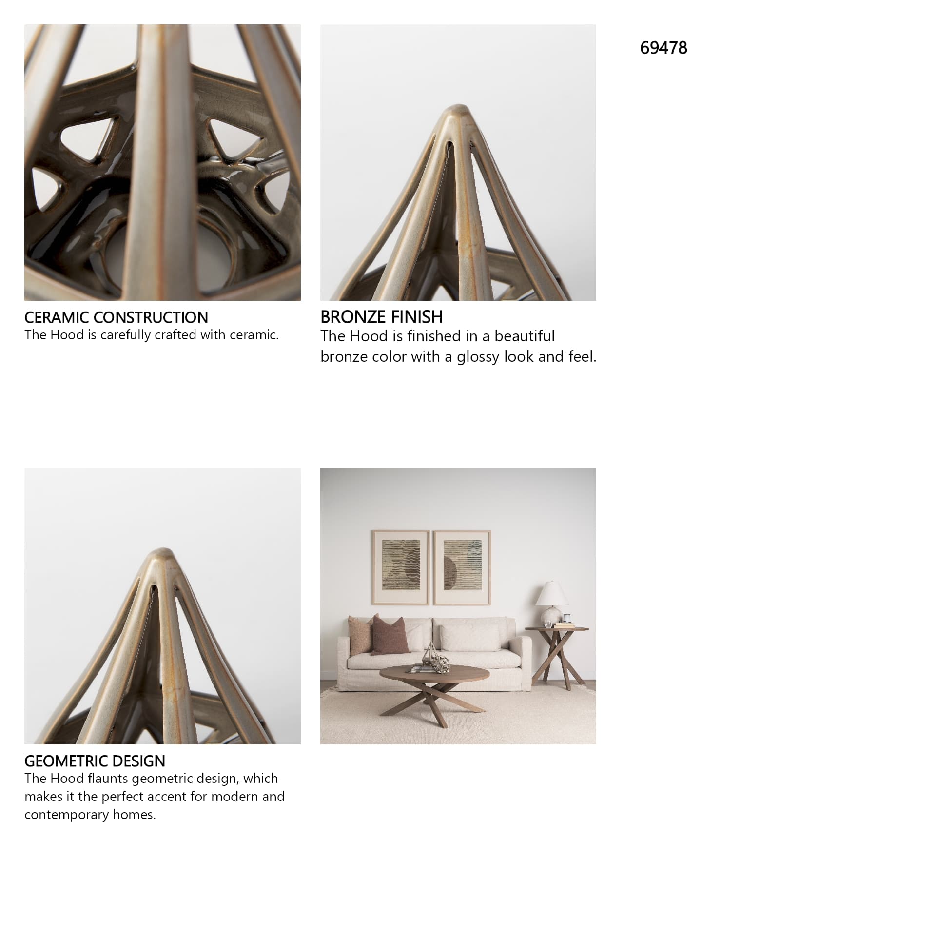 Hood 7.7L x 7.7W x 9.4H Bronze Geometric Ceramic Object — in a styled room
