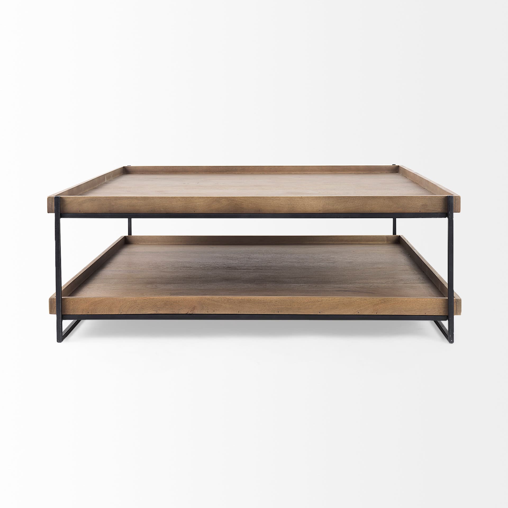 Trey 48x46 Rectangular Brown Solid Wood Top Table Black Metal Frame Two-Tier Coffee Table — product photograph